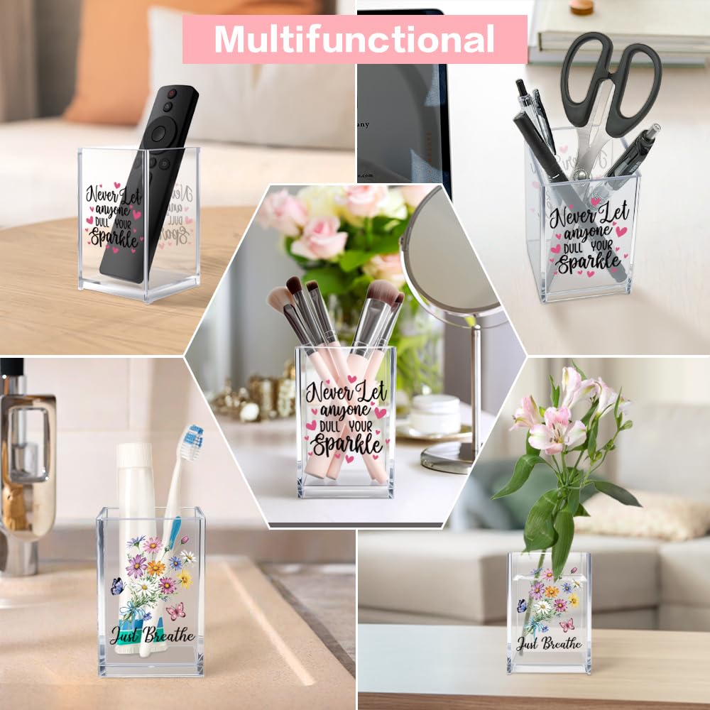 Never Let Anyone Dull Your Sparkle Acrylic Makeup Brush Organizer Holder, Girl Power Desk Acrylic Brushes Storage, Inspirational Quote Gifts for Women Friend Sister Make Up Artist Makeup Lover