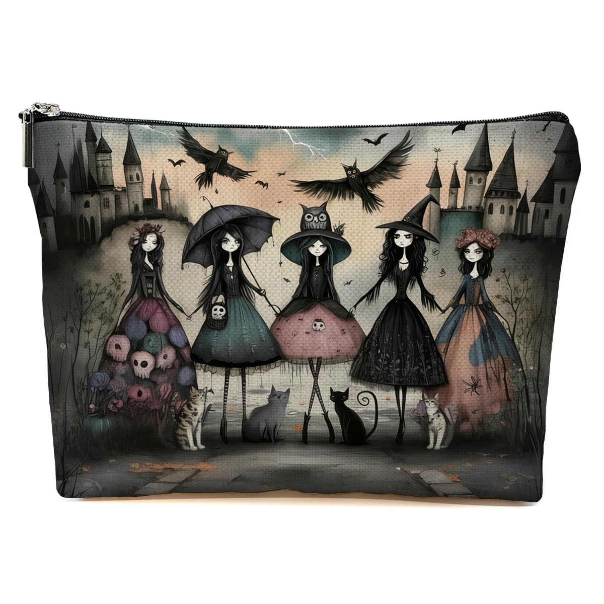 JIUWEIHU Goth Cat Makeup Bag, Funny Cat Cosmetic Bags Travel Organizer Bag