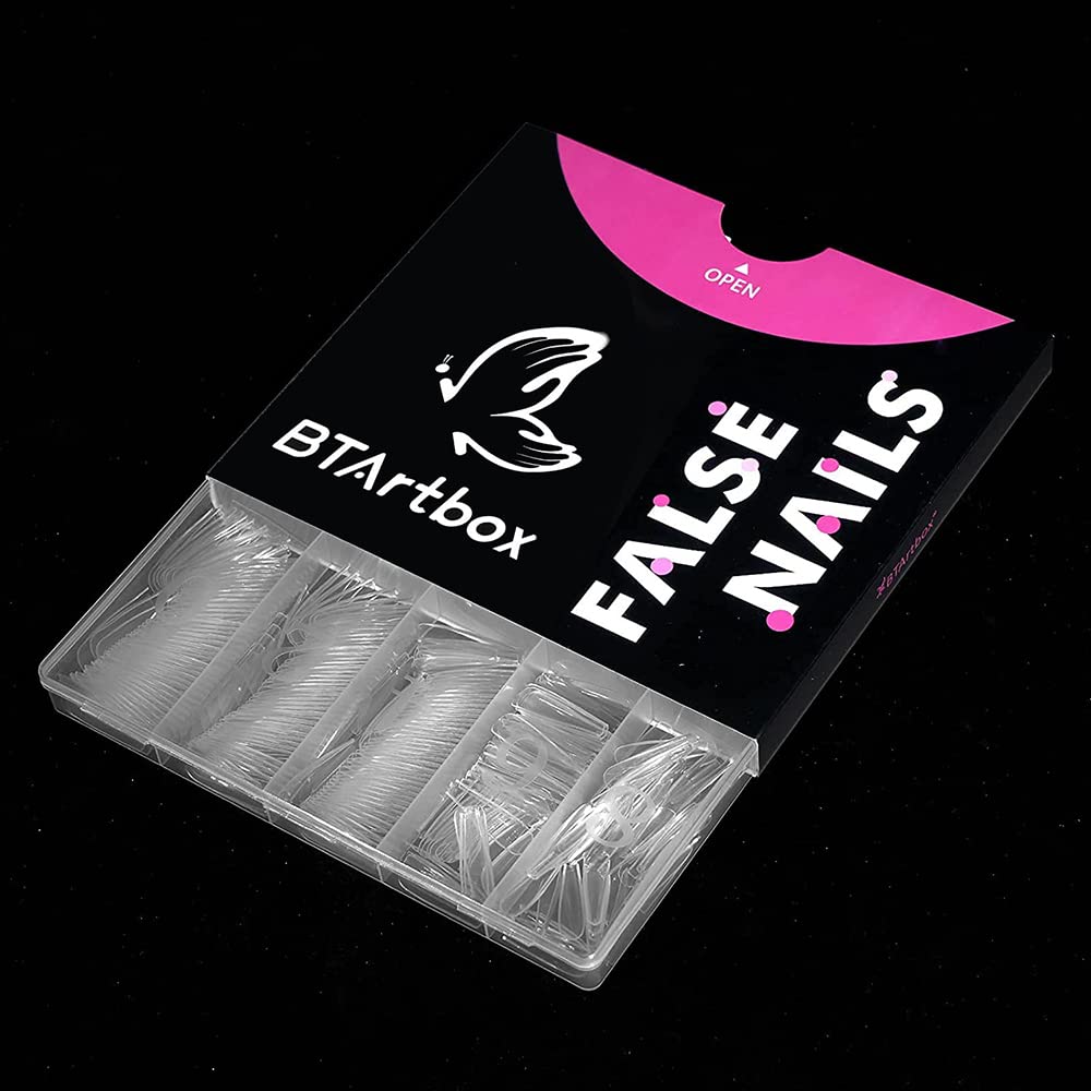 BTArtbox Half Cover Clear Fake Nails with Case, Long Square, 500 Pcs