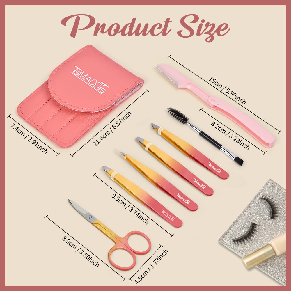 TsMADDTs 7 pcs Tweezers for Women Facial Hair, Precision Tweezer Set for Eyebrows with Curved Scissor and Eyebrow Razor for Ingrown Hair