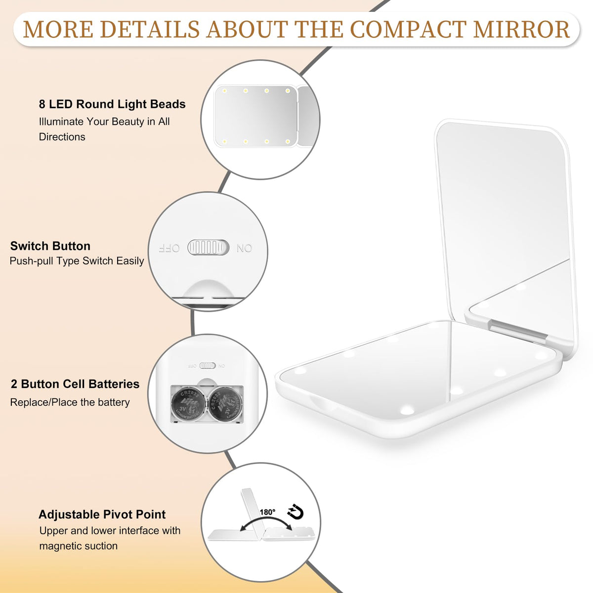 Compact Mirror with Light, 1X/3X Magnification LED Pocket Mirror for Women