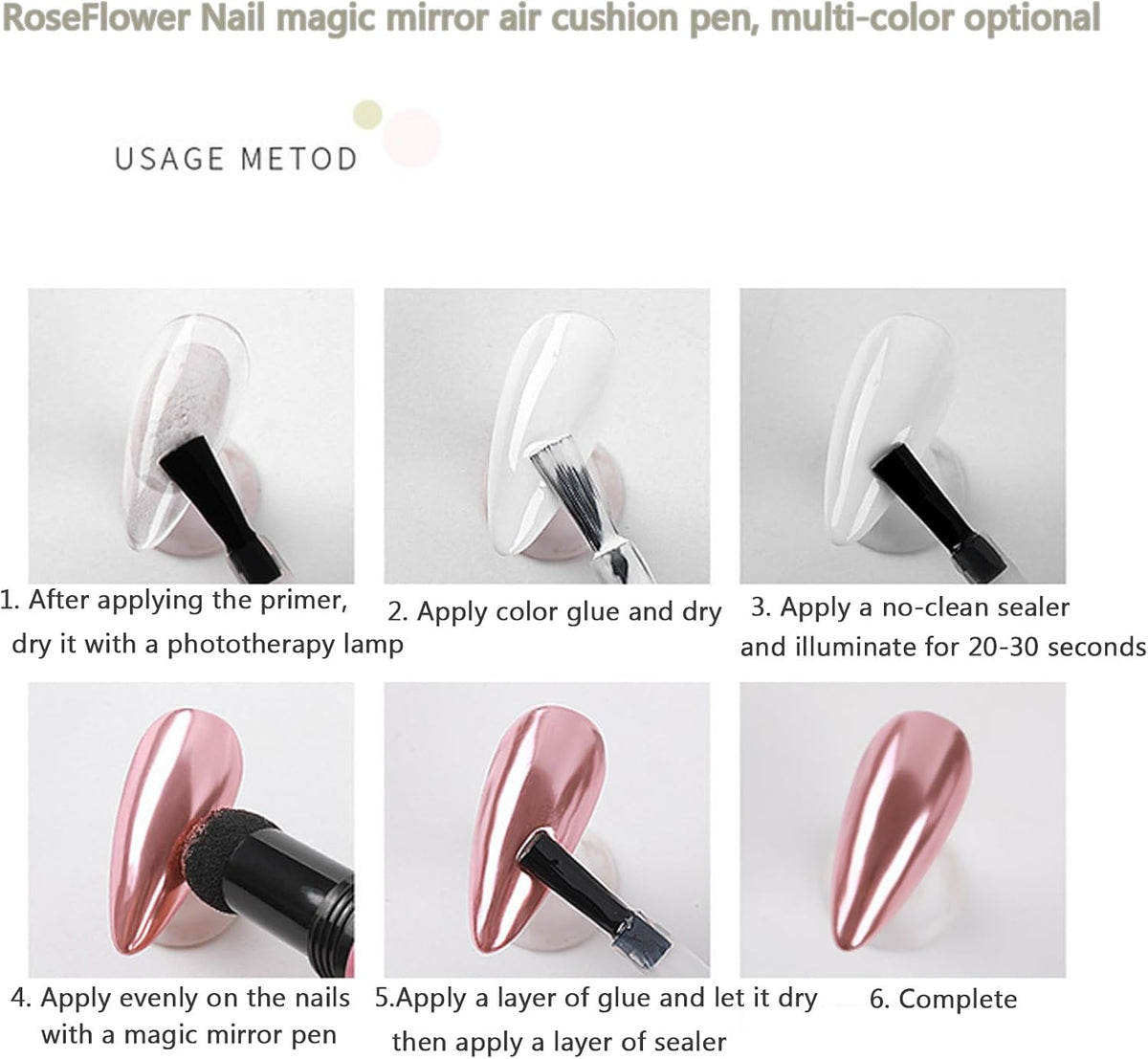 Rose Gold Chrome Nail Powder Pen,RoseFlower 6 pcs Metallic Nail Art Pigment Powder Pen Set, Shiny Nail Glitter Powder Air Cushion Pen with Magic Mirror Effect for Nail Art Design Decoration