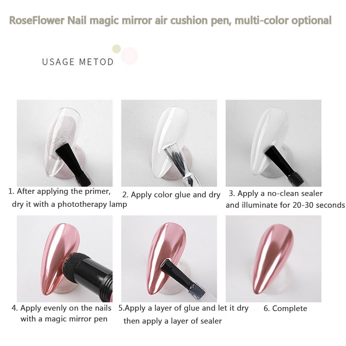 Rose Gold Chrome Nail Powder Pen,RoseFlower 6 pcs Metallic Nail Art Pigment Powder Pen Set, Shiny Nail Glitter Powder Air Cushion Pen with Magic Mirror Effect for Nail Art Design Decoration