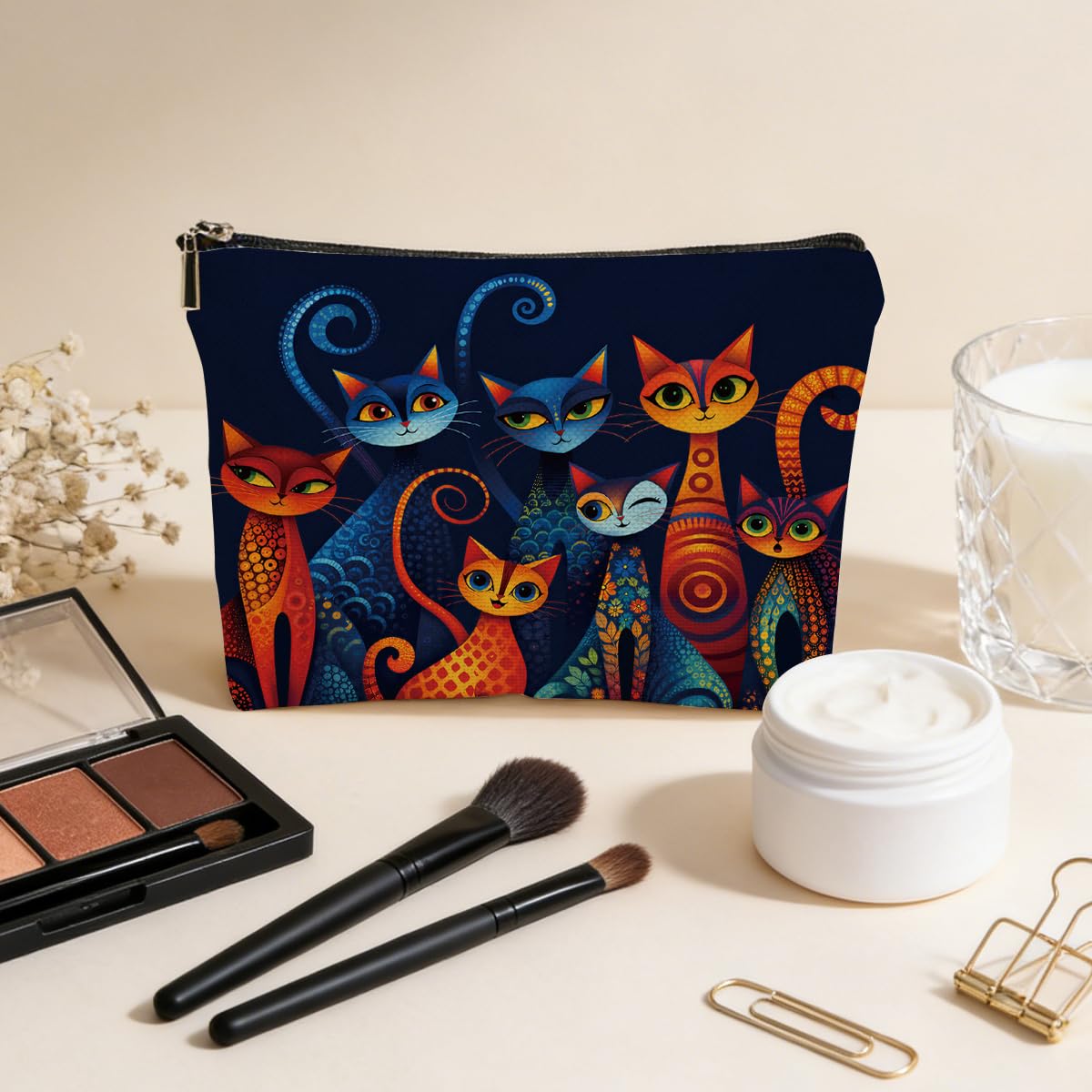 JIUWEIHU Goth Cat Makeup Bag, Funny Cat Cosmetic Bags Travel Organizer Bag