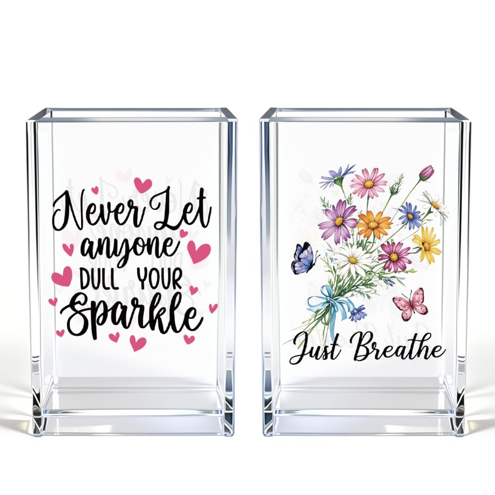 Never Let Anyone Dull Your Sparkle Acrylic Makeup Brush Organizer Holder, Girl Power Desk Acrylic Brushes Storage, Inspirational Quote Gifts for Women Friend Sister Make Up Artist Makeup Lover