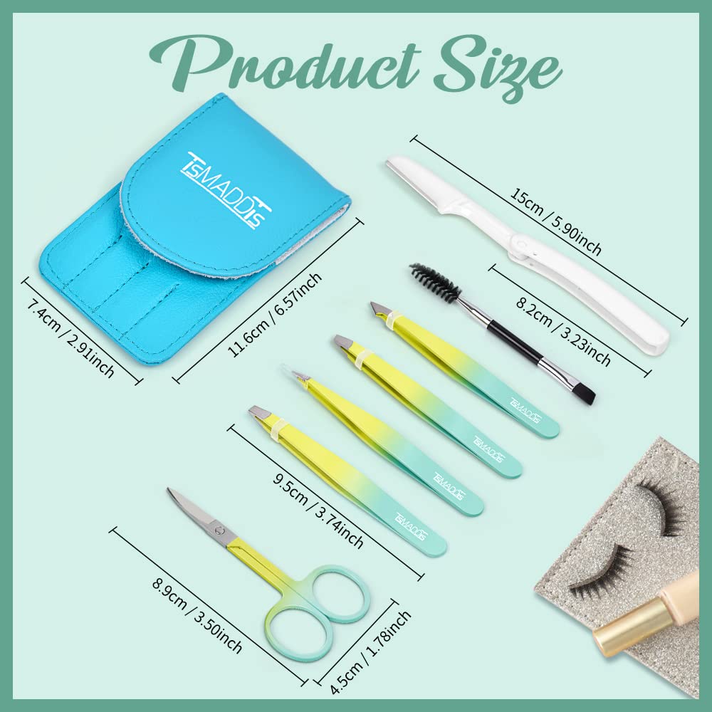TsMADDTs 7 pcs Tweezers for Women Facial Hair, Precision Tweezer Set for Eyebrows with Curved Scissor and Eyebrow Razor for Ingrown Hair