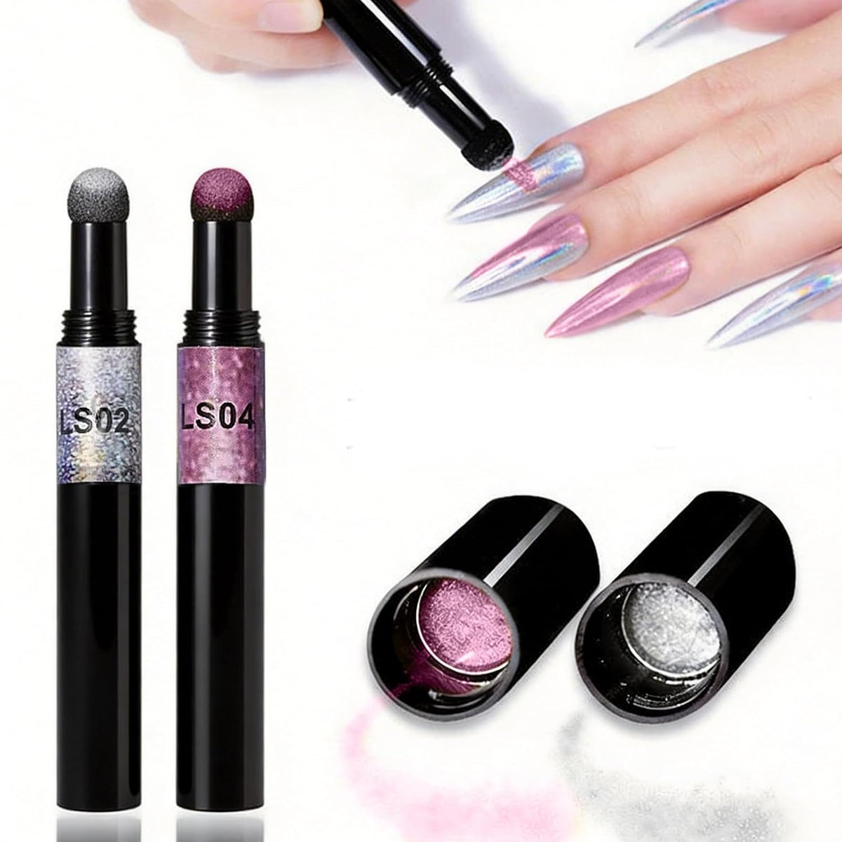 Air Cushion Chrome Powder Nail Pen Set (2 PCS) - Holographic Laser Mirror Effect Chrome Nail Pens, Magic Powder Applicator for Nails for DIY Nail Art & Salon Use