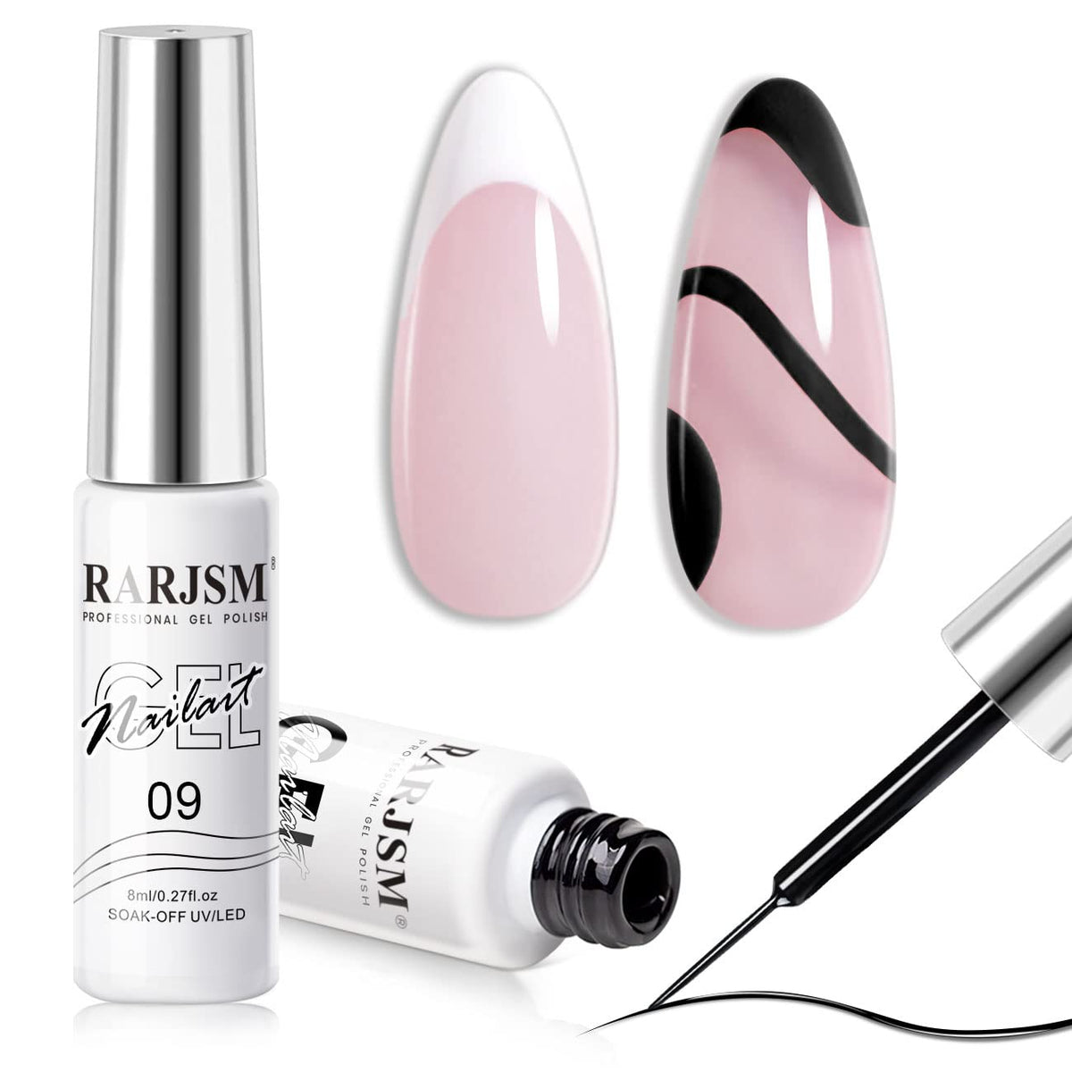 RARJSM Metallic Gel Liner Nail Art Silver Bronze Gold 2pcs Set Mirror Chrome 3D Effect Gel Nail Polish 8ml Build in Thin Brush Metal Painted Drawing Stripper Gelpolish Curing Requires for Home Salon