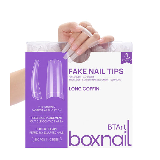 BTArtbox Half Cover Clear Fake Nails with Case, Long Square, 500 Pcs