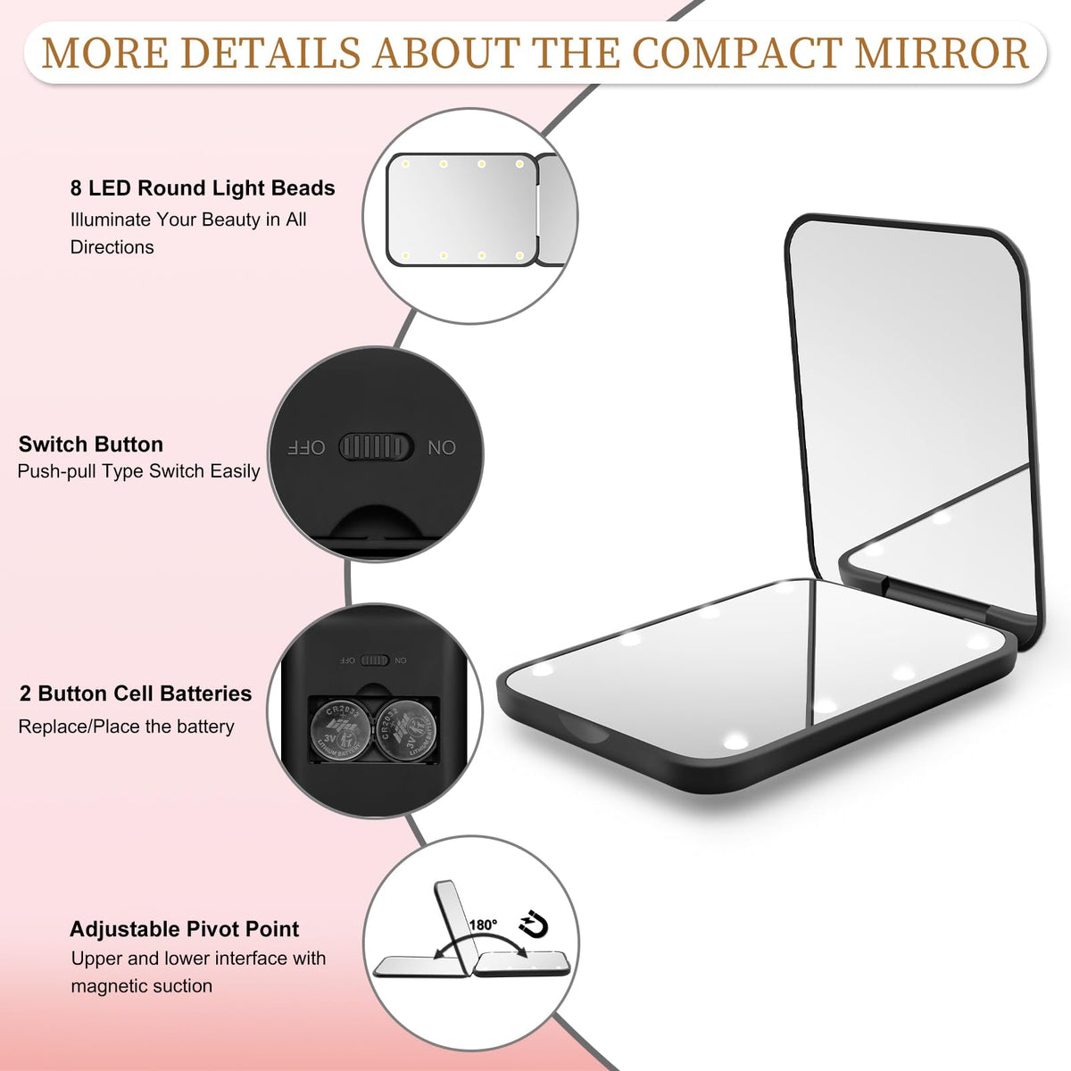 Compact Mirror with Light, 1X/3X Magnification LED Pocket Mirror for Women