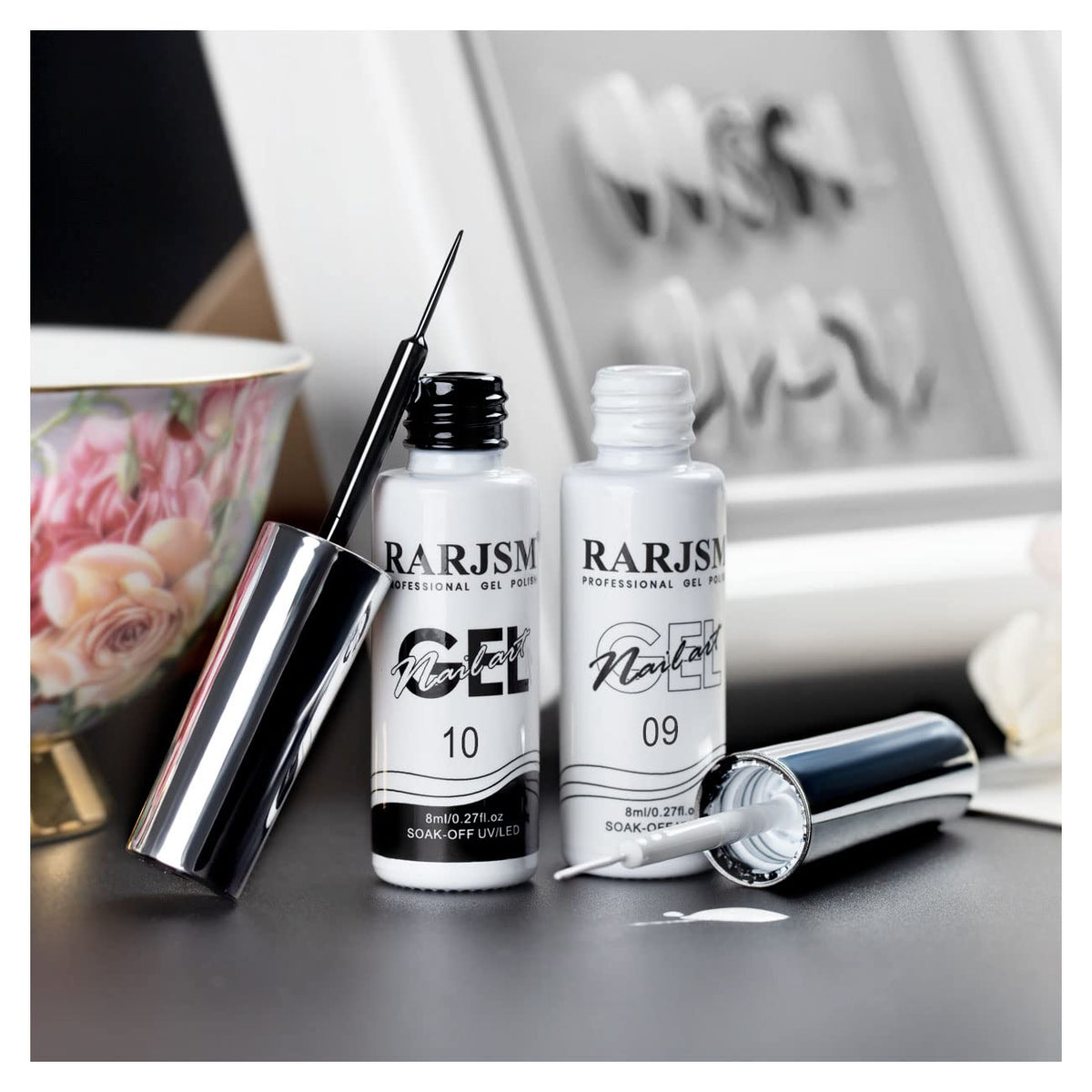 RARJSM Metallic Gel Liner Nail Art Silver Bronze Gold 2pcs Set Mirror Chrome 3D Effect Gel Nail Polish 8ml Build in Thin Brush Metal Painted Drawing Stripper Gelpolish Curing Requires for Home Salon
