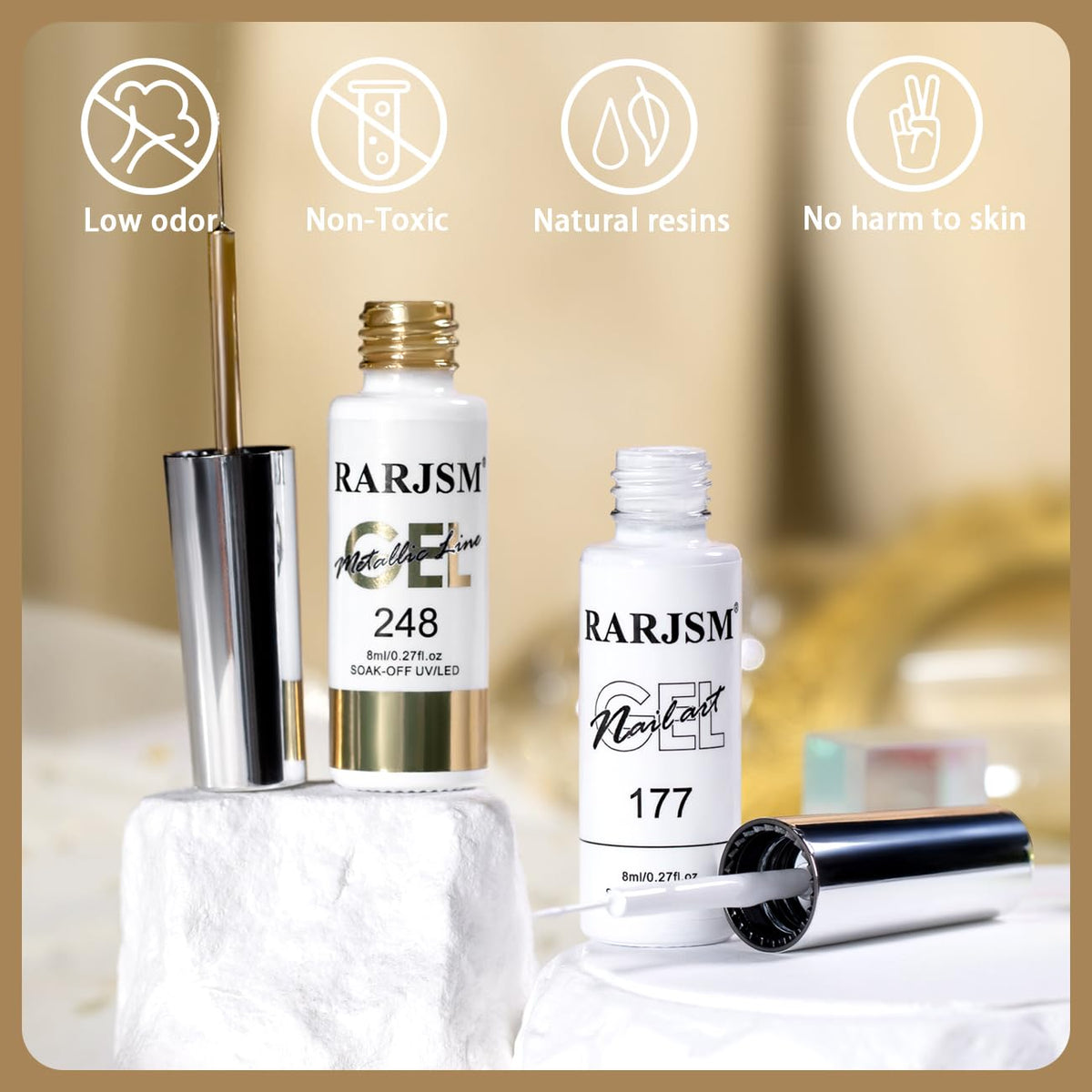 RARJSM Metallic Gel Liner Nail Art Silver Bronze Gold 2pcs Set Mirror Chrome 3D Effect Gel Nail Polish 8ml Build in Thin Brush Metal Painted Drawing Stripper Gelpolish Curing Requires for Home Salon