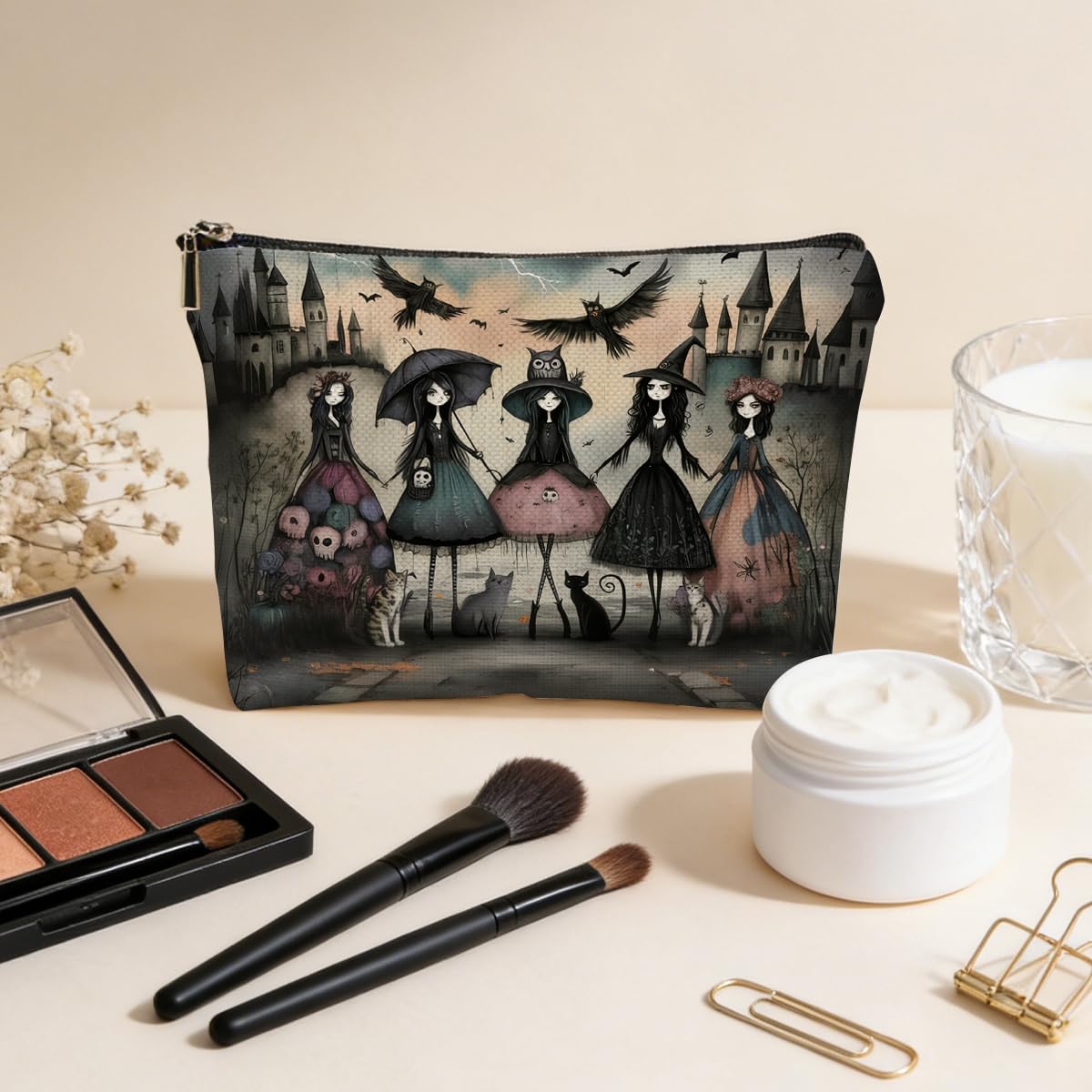 JIUWEIHU Goth Cat Makeup Bag, Funny Cat Cosmetic Bags Travel Organizer Bag