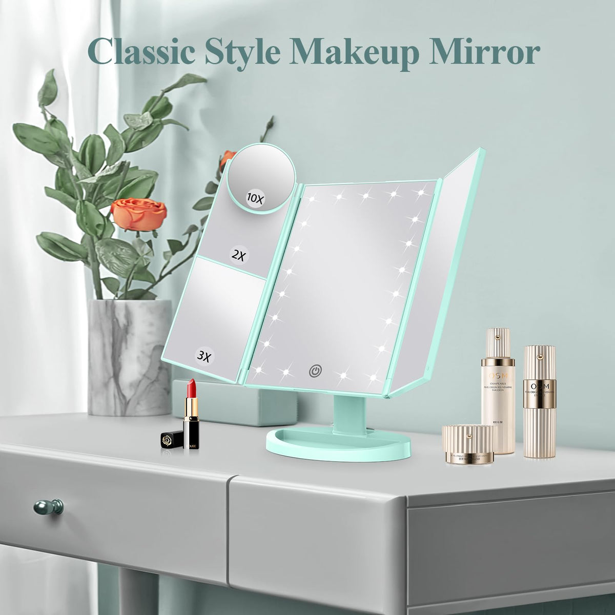 HUONUL 2X/3X/10X Magnifying Vanity Mirror with Light, Trifold Makeup Mirror