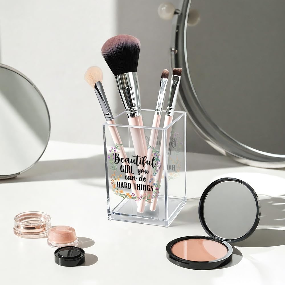 Never Let Anyone Dull Your Sparkle Acrylic Makeup Brush Organizer Holder, Girl Power Desk Acrylic Brushes Storage, Inspirational Quote Gifts for Women Friend Sister Make Up Artist Makeup Lover
