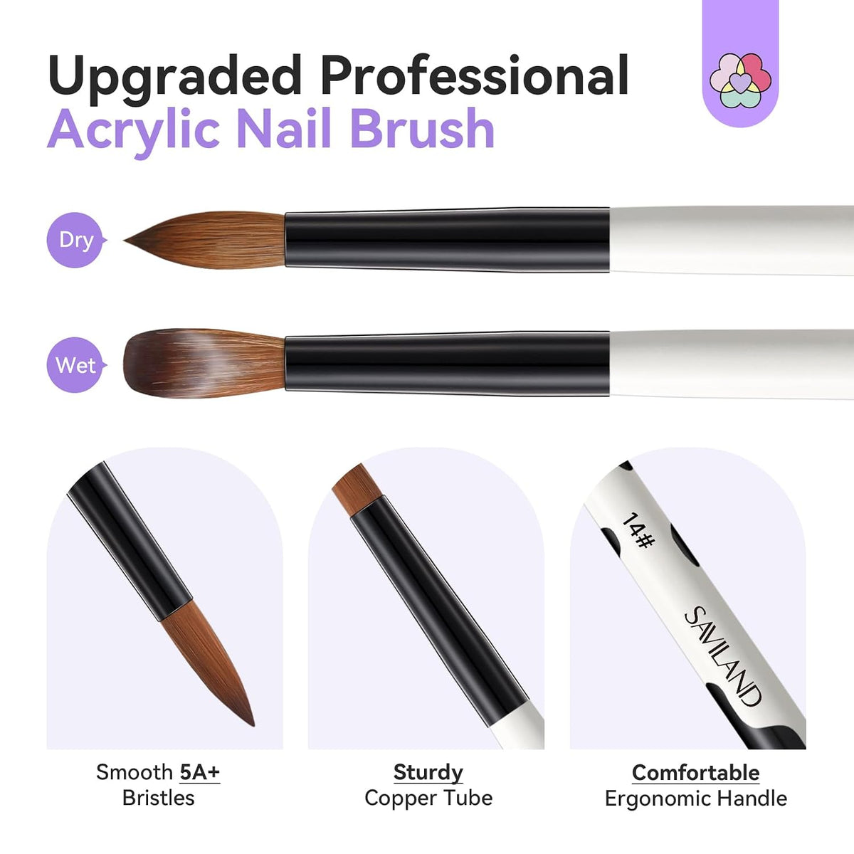SAVILAND 3PCS Acrylic Nail Brush Set Size 8/10/14 Black & White