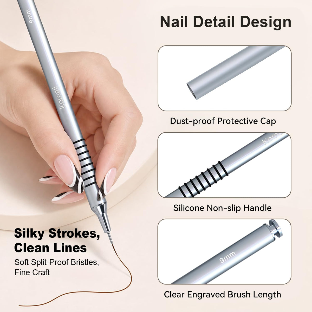 Komall Metallic Nail Art Brushes, 6Pcs Non-slip Liner Brushes Set, Silver