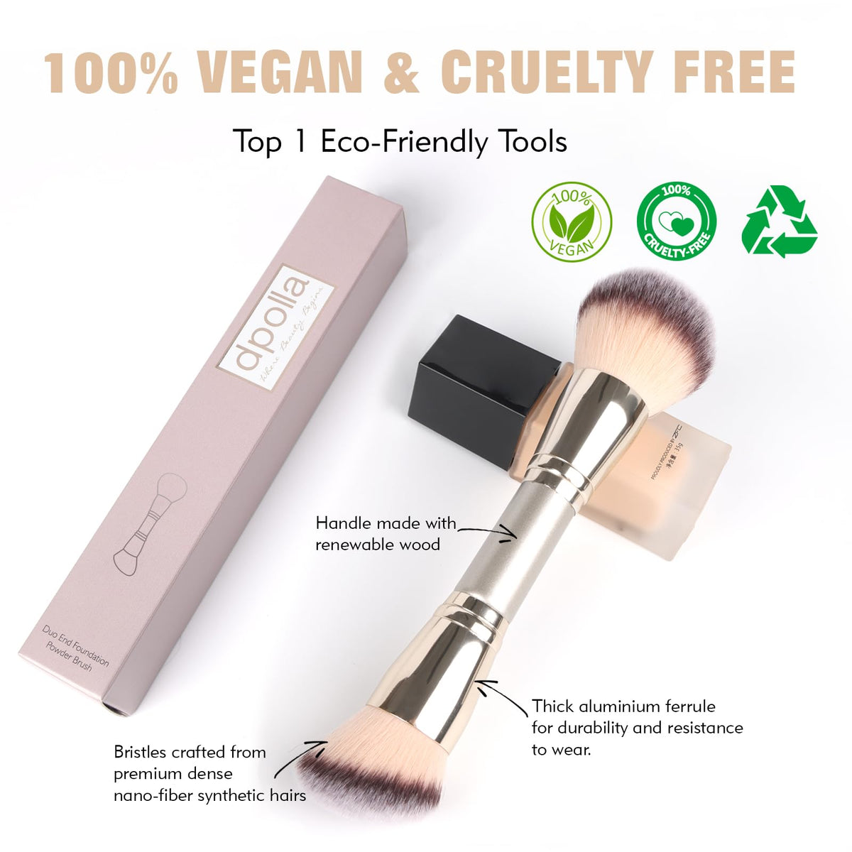 Dual-Ended Foundation Brush: Round & Angled makeup brushes, 100% Vegan Synthetic Makeup Brush for Flawless Blending and Application of Liquid, Powder, Cream, Blush
