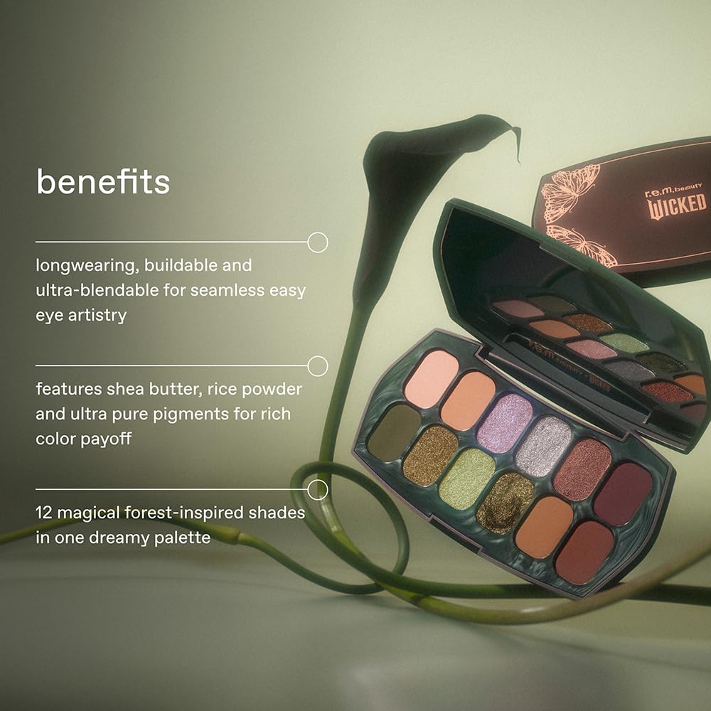 r.e.m. beauty by Ariana Grande Wicked: For Good | Ozian Forest Eyeshadow Palette | Highly Pigmented, Blendable Eye Shadows | Mix of Matte, Duo-Chrome, Shimmer and Glitter Formulas | 12 Shades