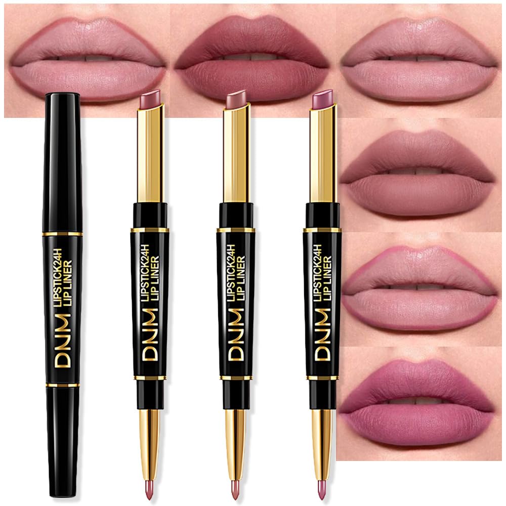 evpct 3Pcs Chestnut Nude Brown Matte Lip Liner and Lipstick Combo Set Kit for Women Antique Rose Magic Lipstick 24 Hours Original Lip Liner Makeup Stain Long Lasting Waterproof Smudge Proof labial