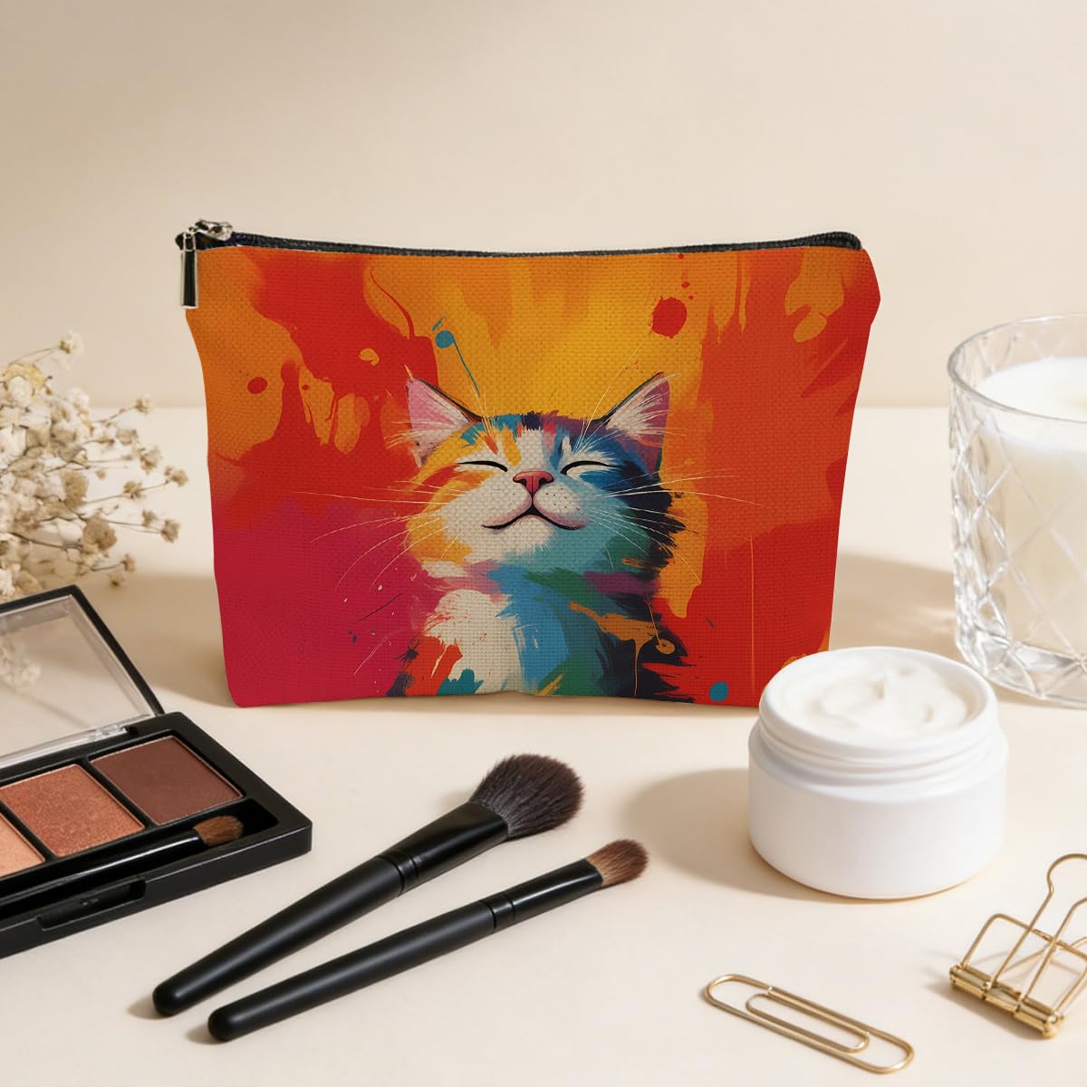 JIUWEIHU Goth Cat Makeup Bag, Funny Cat Cosmetic Bags Travel Organizer Bag
