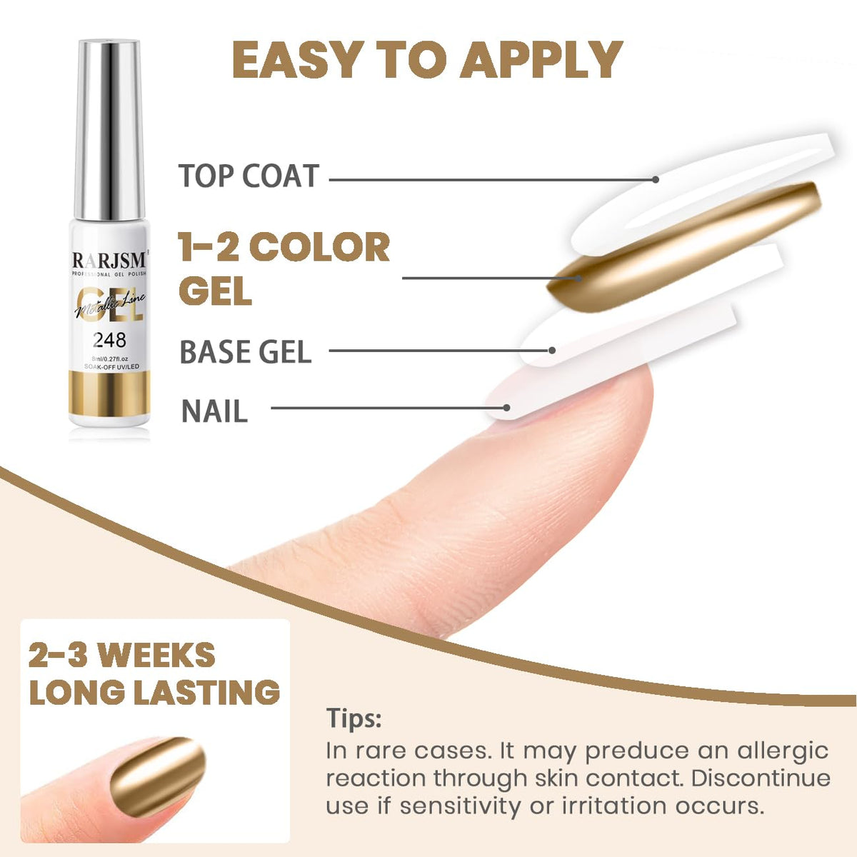 RARJSM Metallic Gel Liner Nail Art Silver Bronze Gold 2pcs Set Mirror Chrome 3D Effect Gel Nail Polish 8ml Build in Thin Brush Metal Painted Drawing Stripper Gelpolish Curing Requires for Home Salon