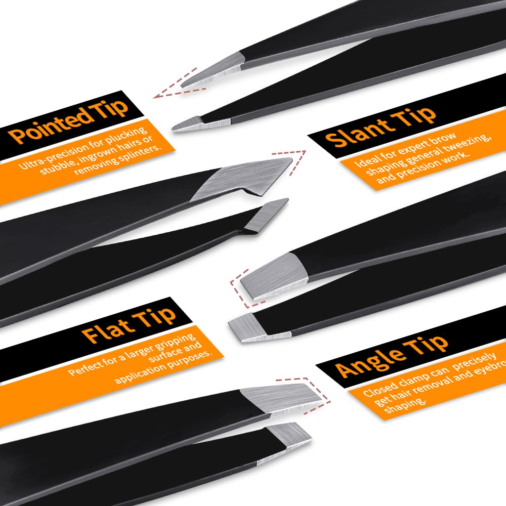 TsMADDTs 7 pcs Tweezers for Women Facial Hair, Precision Tweezer Set for Eyebrows with Curved Scissor and Eyebrow Razor for Ingrown Hair