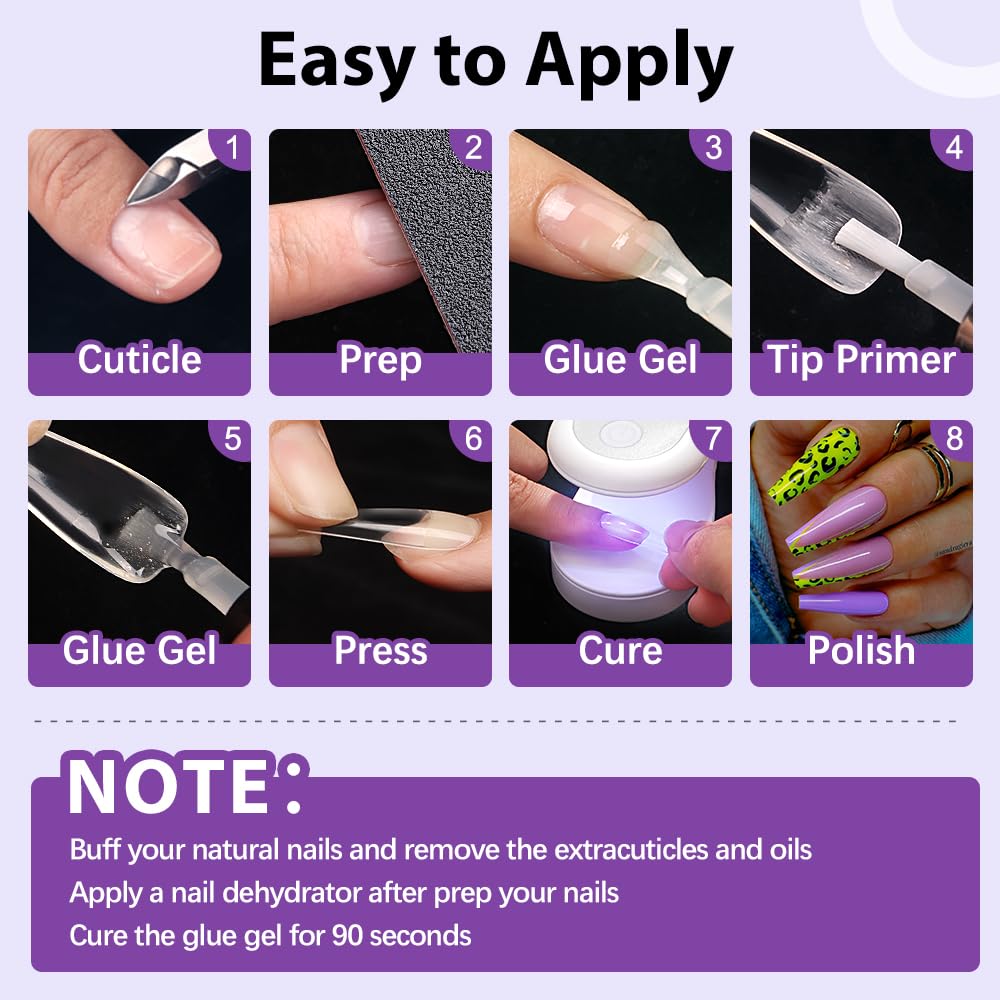BTArtbox Half Cover Clear Fake Nails with Case, Long Square, 500 Pcs