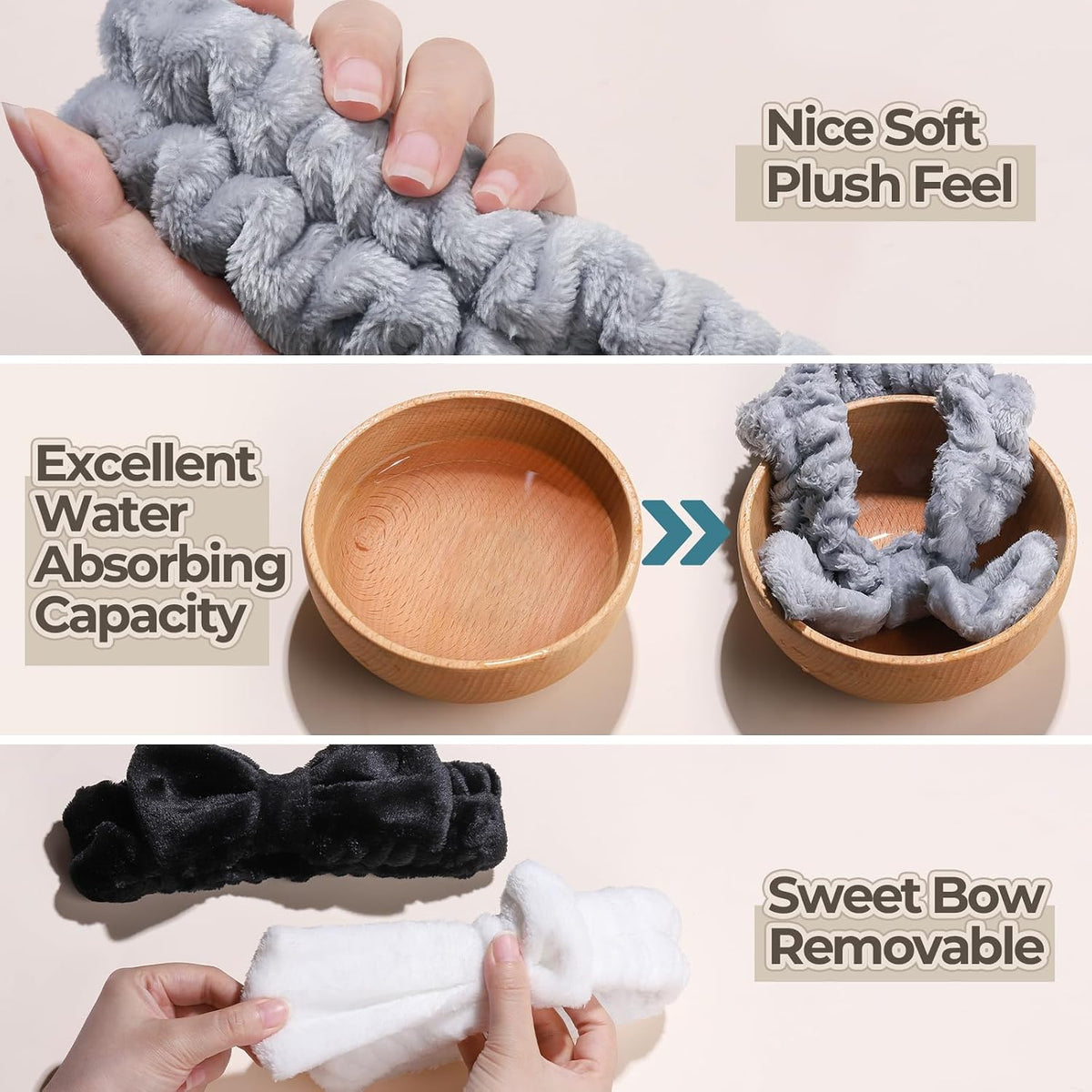 LEOBRO Spa Headband, 6pcs Makeup Headbands and Hair Scrunchies, Bow Skin Care Headband for Washing Face for Teen Girls Women, Easter Basket Valentines Christmas Gift for Girls, Black & White & Gray