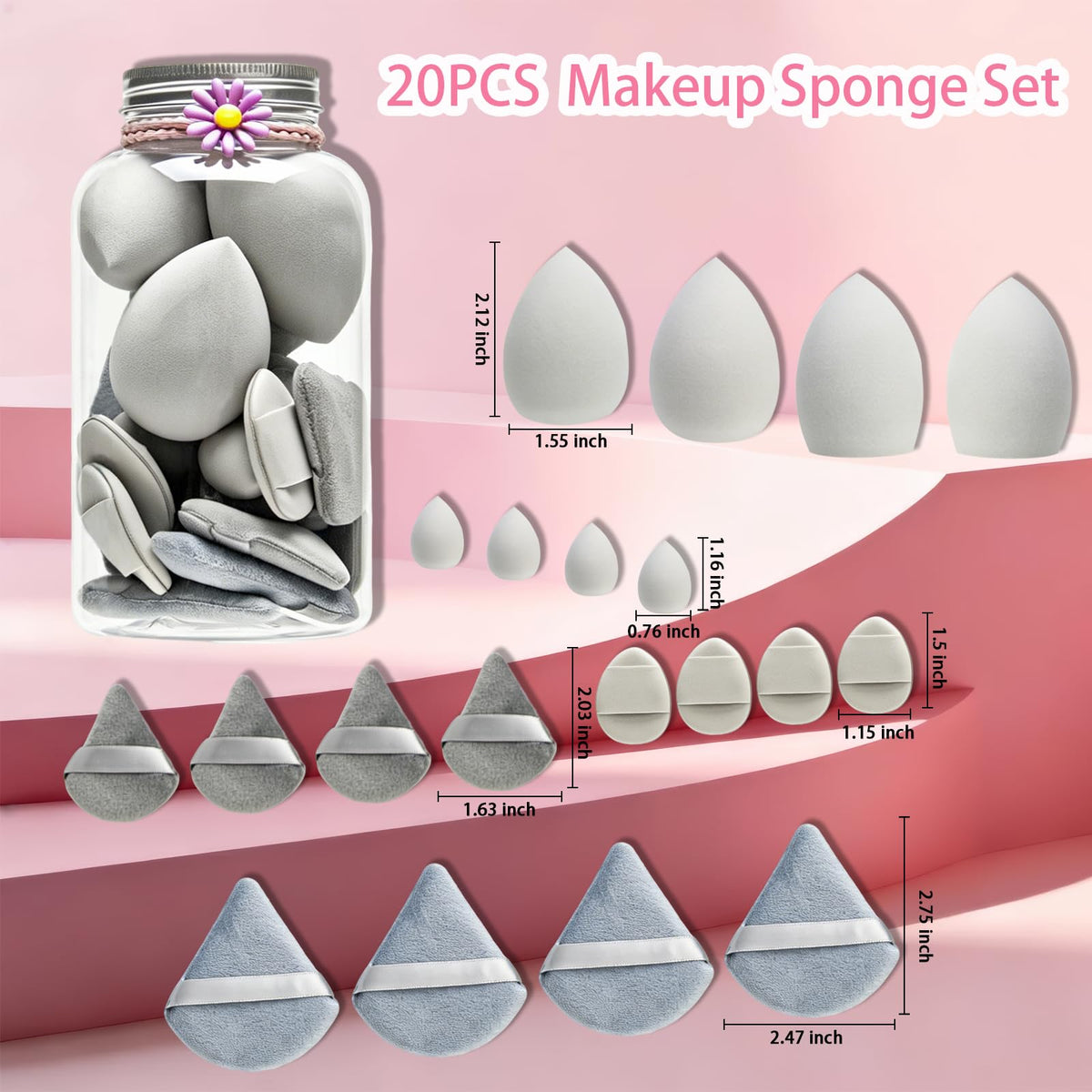 20PCS Makeup Sponge Set With Storage Jar, Wet & Dry Dual Use Beauty Blenders, Triangle Powder Puffs & Mini Finger Puffs,Soft Latex Free Sponges for Liquid, Cream, Powder And Concealer（Blue）