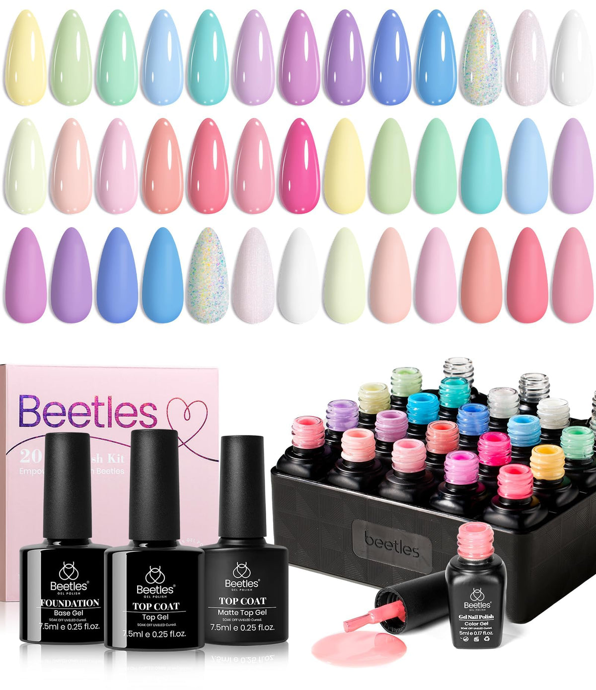 Beetles Gel Nail Polish Set, 63 PCS 55 Colors Gel Polish Kit with Base Coat