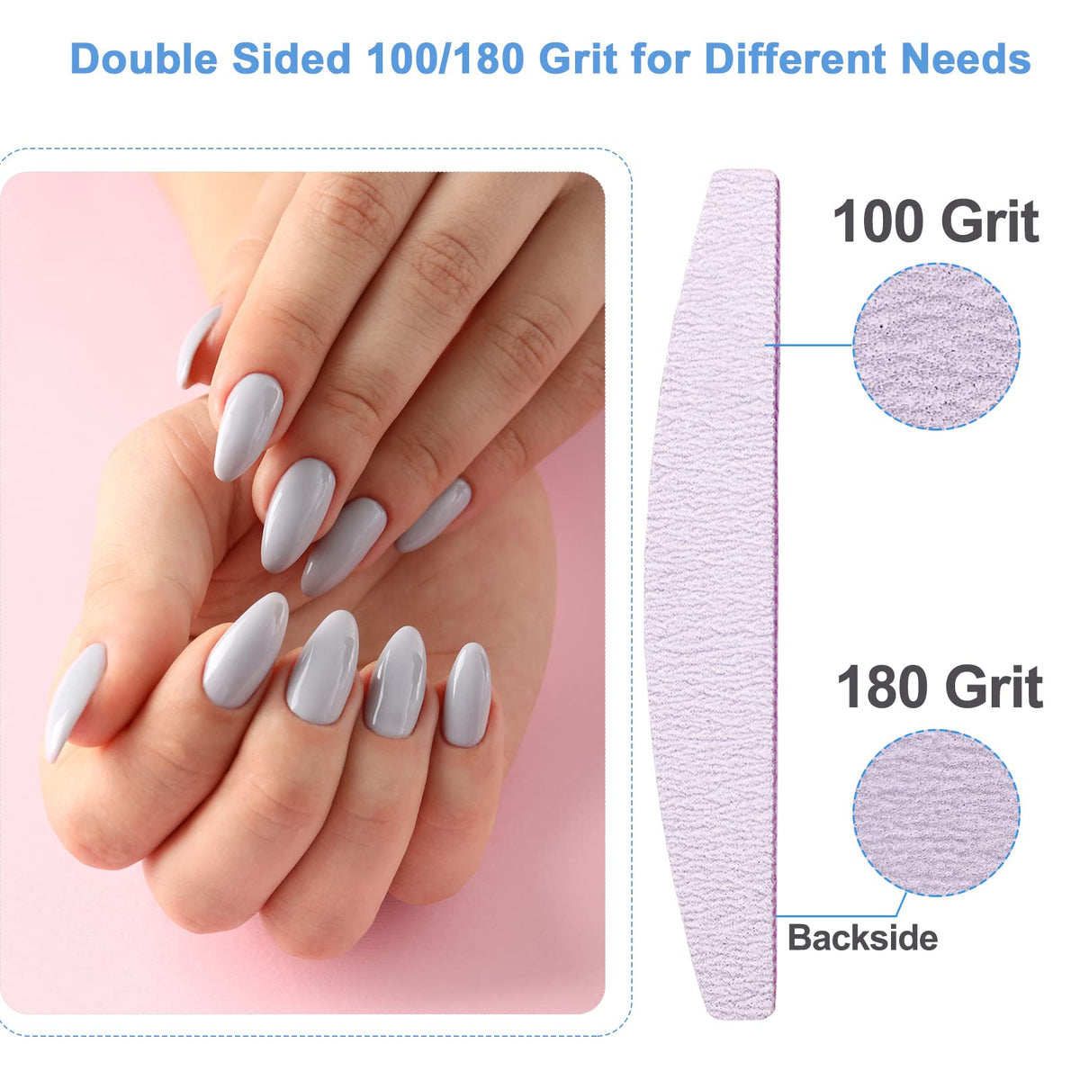 50 Pcs Nail File, Emery Board Nail Files for Acrylic Nails and Natural Nails, 100/180 Grit Double Sided Fingernail File Gel Nail Professional Reusable Washable Manicure Pedicure Kit Set Gray