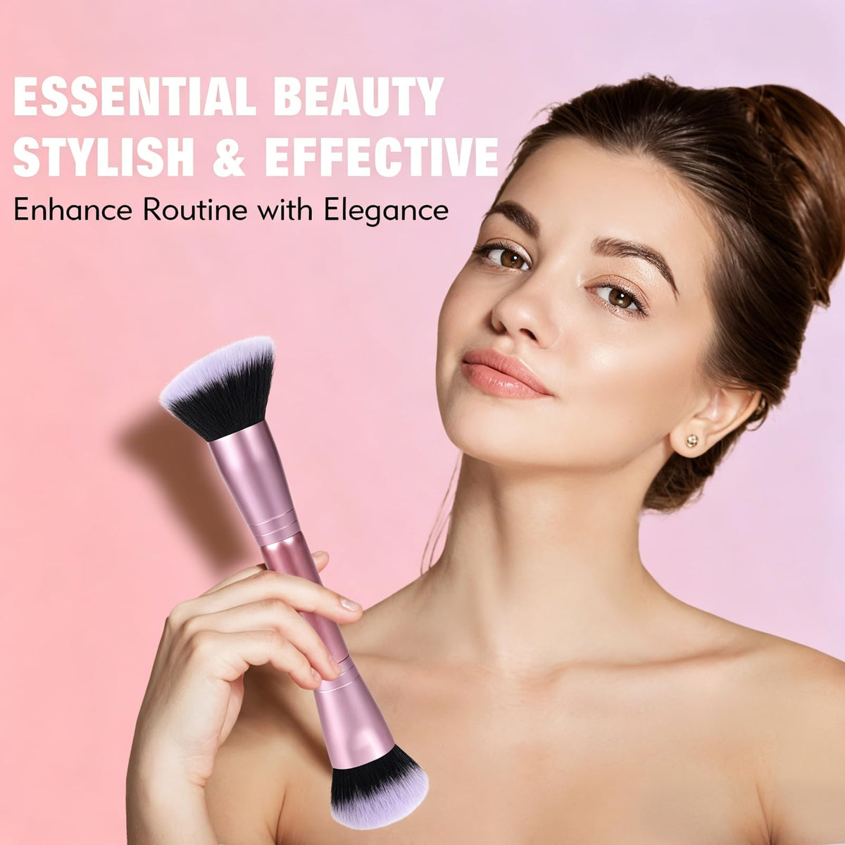 Dual-Ended Foundation Brush: Round & Angled makeup brushes, 100% Vegan Synthetic Makeup Brush for Flawless Blending and Application of Liquid, Powder, Cream, Blush