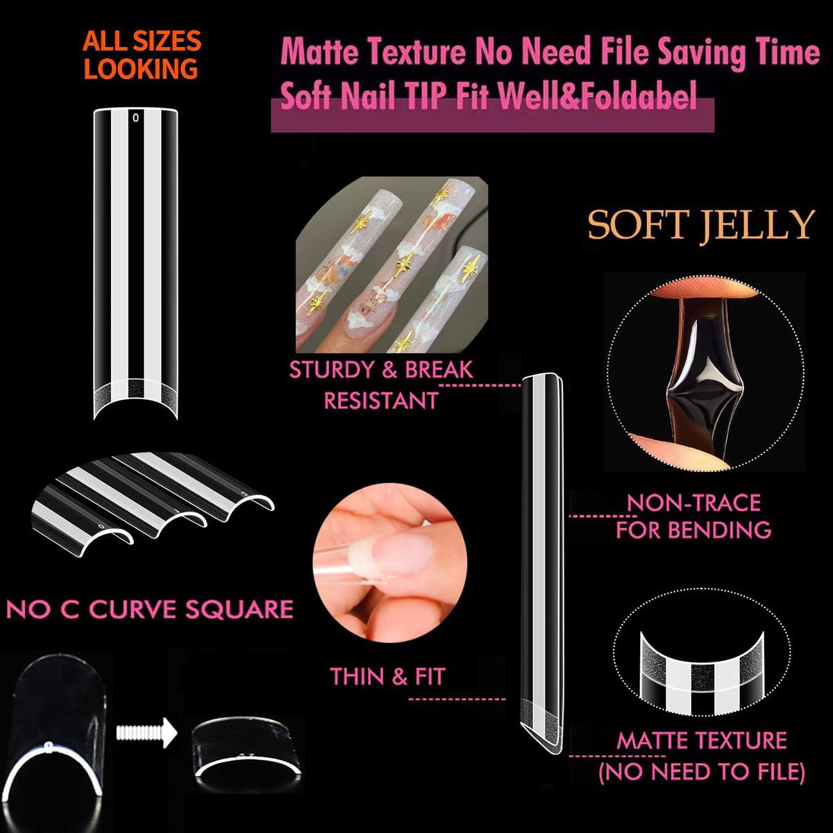 UNA GELLA Square Nail Tips XXL Long Half Cover Gel Tips 120PCS