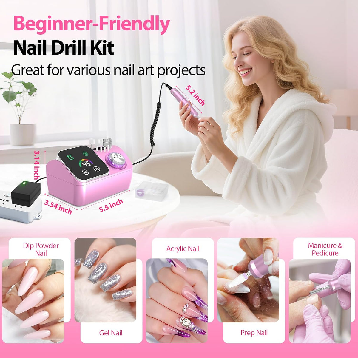 45000RPM Professional Corded Nail Drill E-File Kit for Salon Home