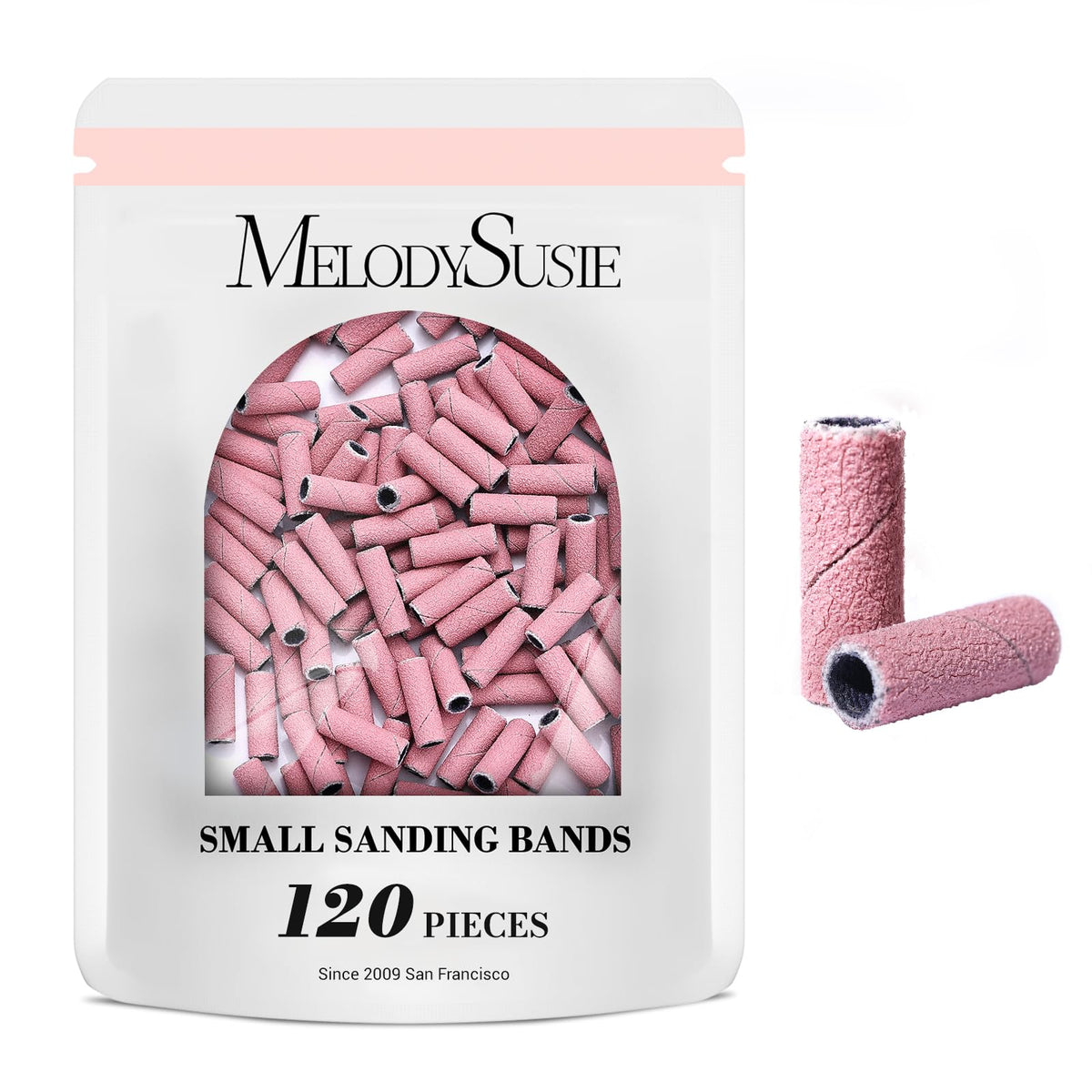 MelodySusie 120 Pcs Nail Drill Bits Small Sanding Bands for 3.1mm Mandrel Bit, 180 Fine Grit Nail File for Acrylic Nails Gel Manicures and Pedicure, Pink (Only Sanding Bands)