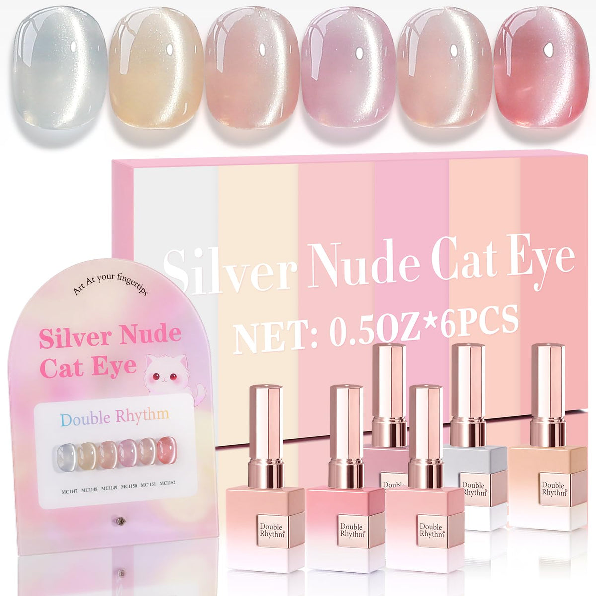 Double Rhythm Cat Eye Gel Nail Polish Set of 6 Same Color Same Bottle 0.5 Oz Shimmer Glitter with Magnet Holographic Magnetic UV Nail Polish Kit (Blush Fuchsia Magenta Purple Violet Lavender -T6-107)