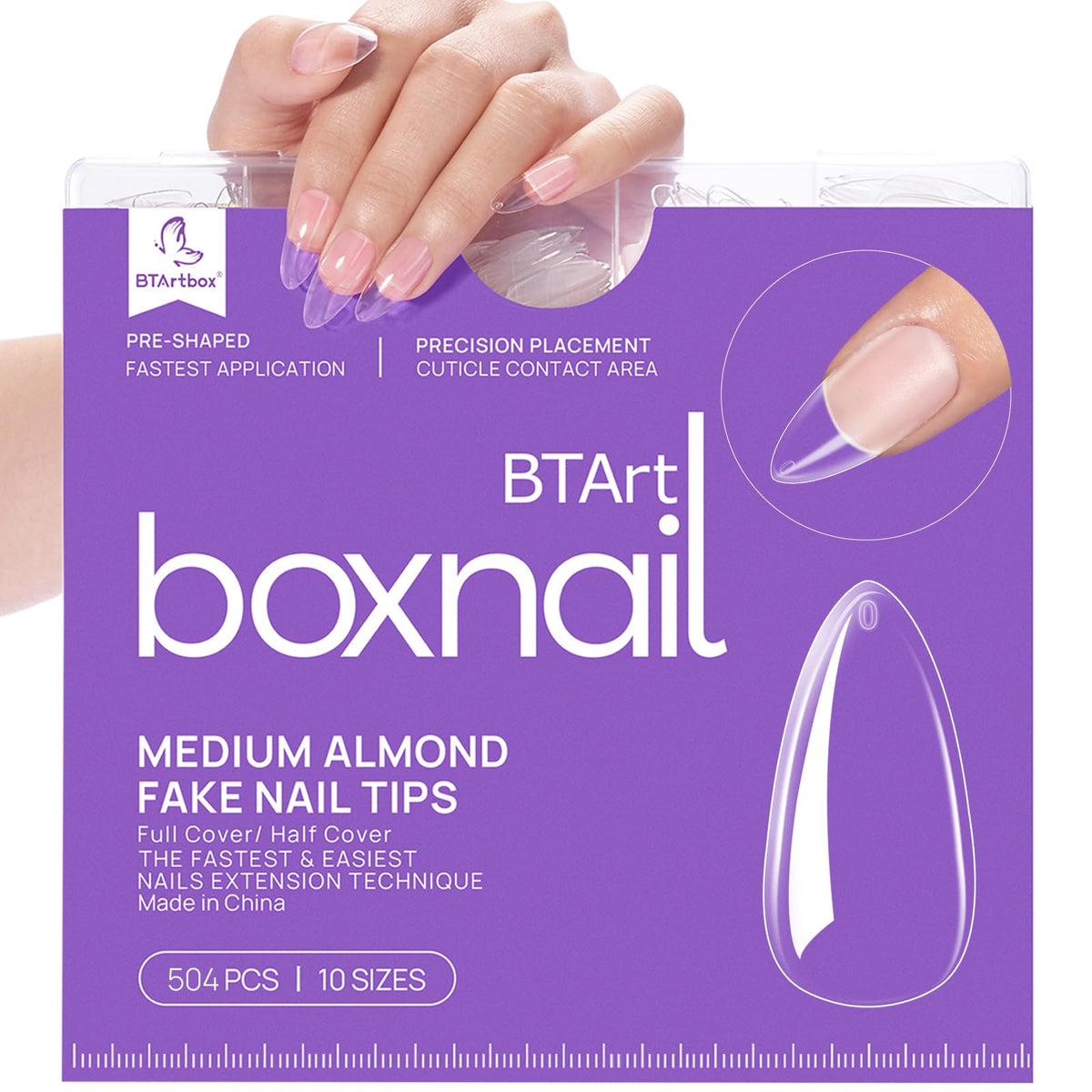 BTArtbox Half Cover Clear Fake Nails with Case, Long Square, 500 Pcs