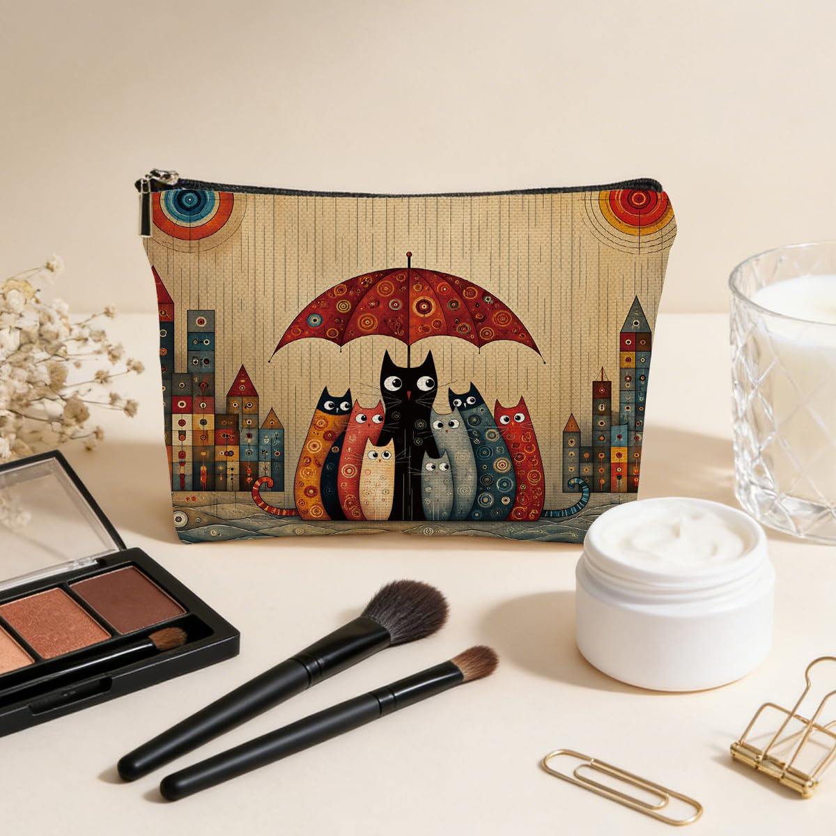 JIUWEIHU Goth Cat Makeup Bag, Funny Cat Cosmetic Bags Travel Organizer Bag