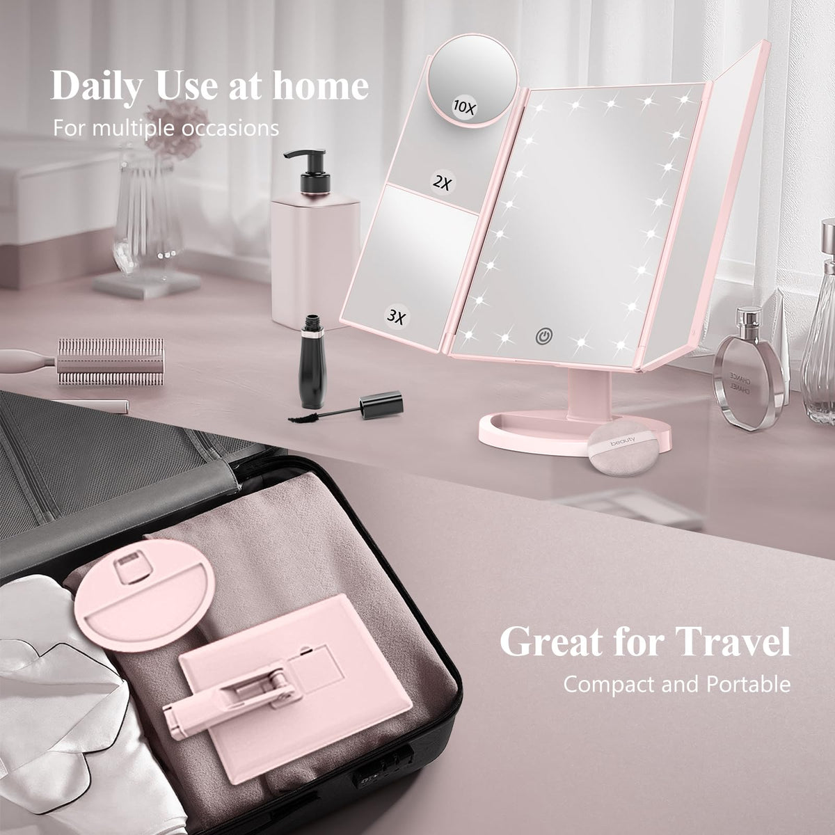 HUONUL 2X/3X/10X Magnifying Vanity Mirror with Light, Trifold Makeup Mirror