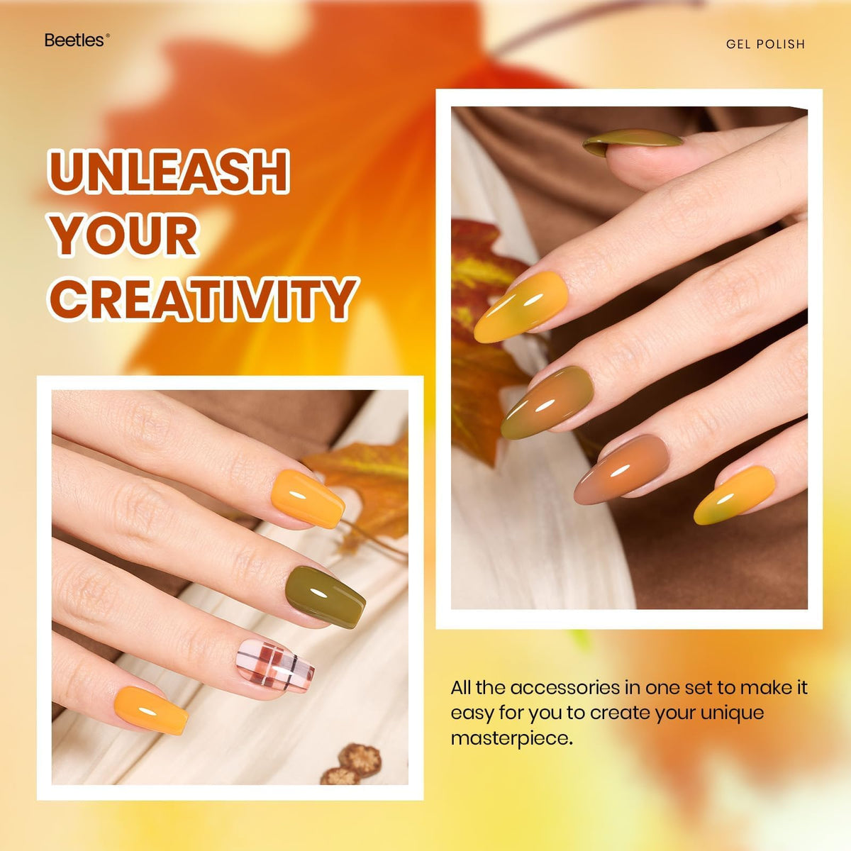 Beetles Fall Gel Nail Polish Set, 20 Colors Orange Yellow Brown