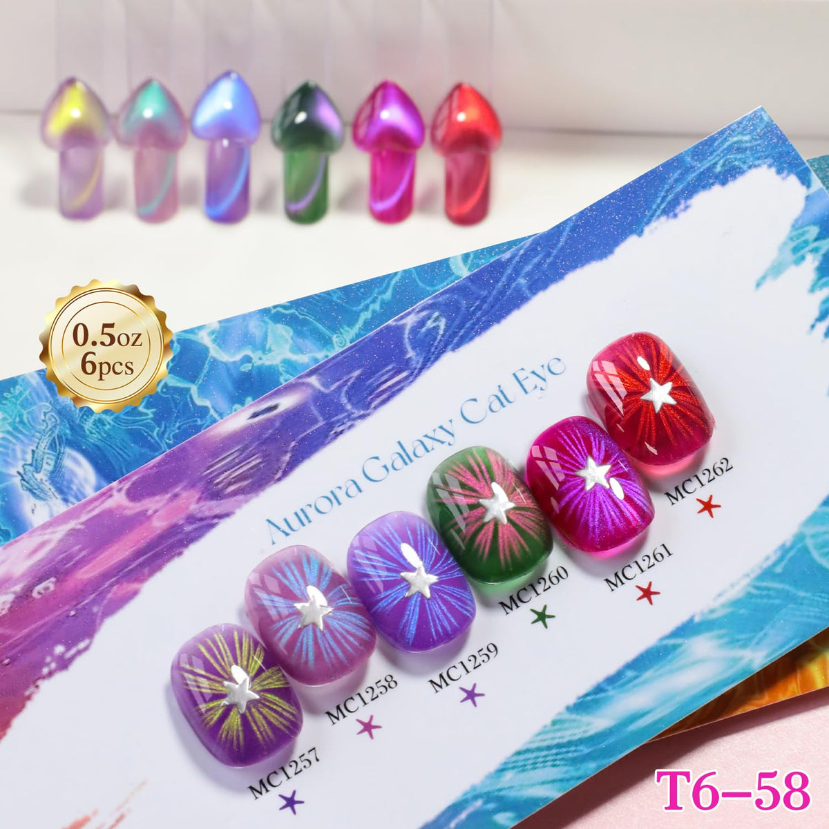 Double Rhythm Cat Eye Gel Nail Polish Set of 6 Same Color Same Bottle 0.5 Oz Shimmer Glitter with Magnet Holographic Magnetic UV Nail Polish Kit (Blush Fuchsia Magenta Purple Violet Lavender -T6-107)
