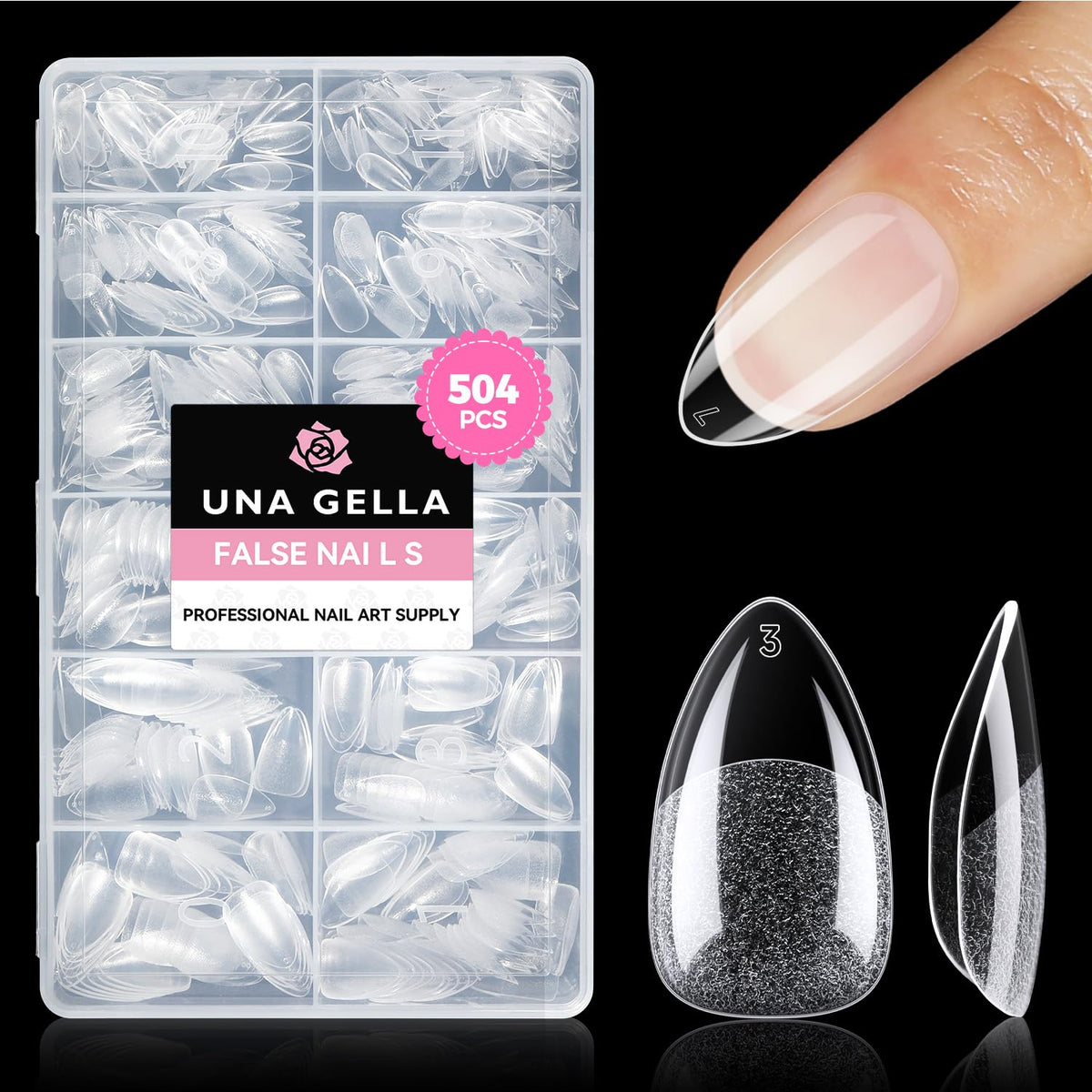 UNA GELLA Almond Gel Nail Tips 504PCS Pre-Etched Clear Fake Nails Tips