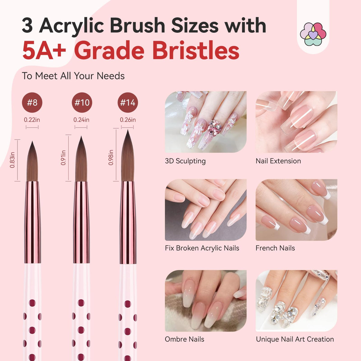 SAVILAND 3PCS Acrylic Nail Brush Set Size 8/10/14 Black & White