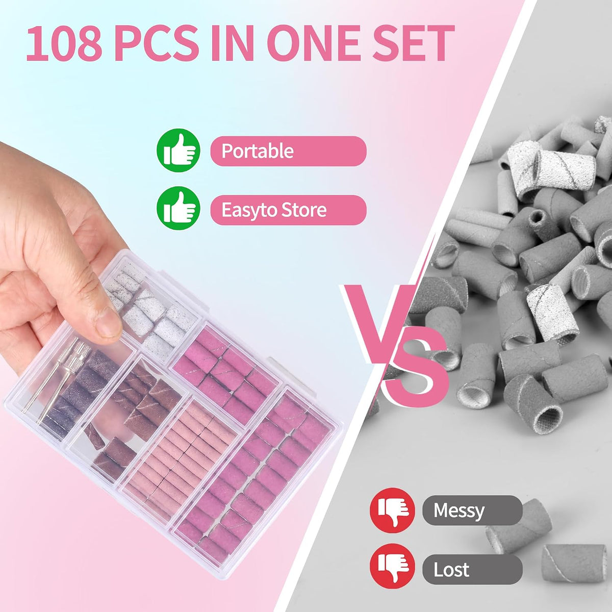 108Pcs Sanding Bands for Nail Drill, 4 Grits 80/120/180/240, 2 Sizes Nail Drill Bits Set for Acrylic Gel Manicures Pedicures with Box