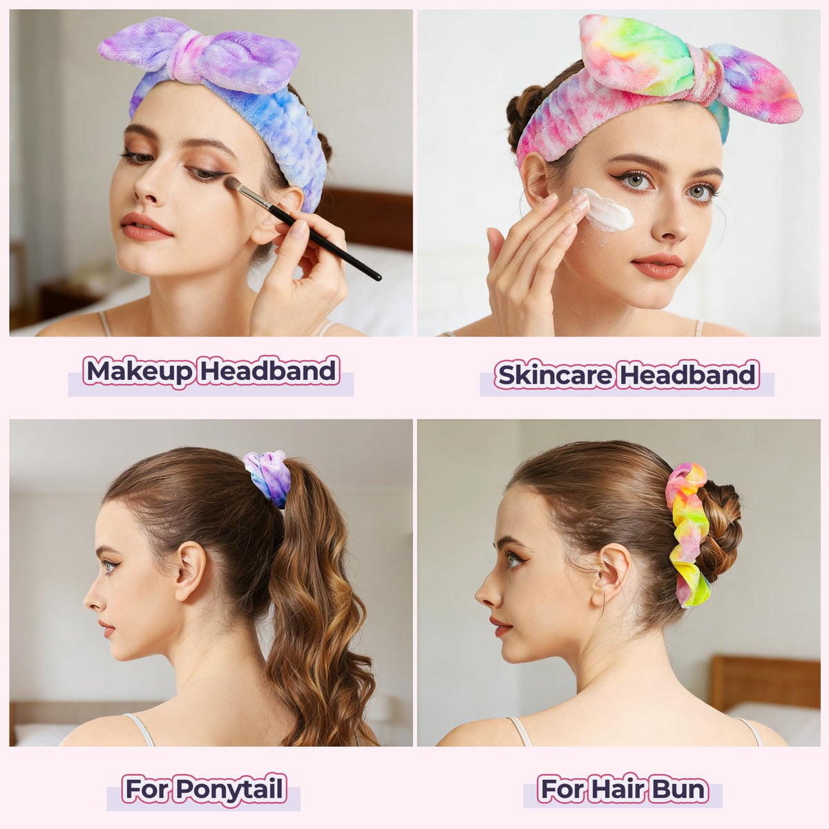 LEOBRO Spa Headband, 6pcs Makeup Headbands and Hair Scrunchies, Bow Skin Care Headband for Washing Face for Teen Girls Women, Easter Basket Valentines Christmas Gift for Girls, Black & White & Gray