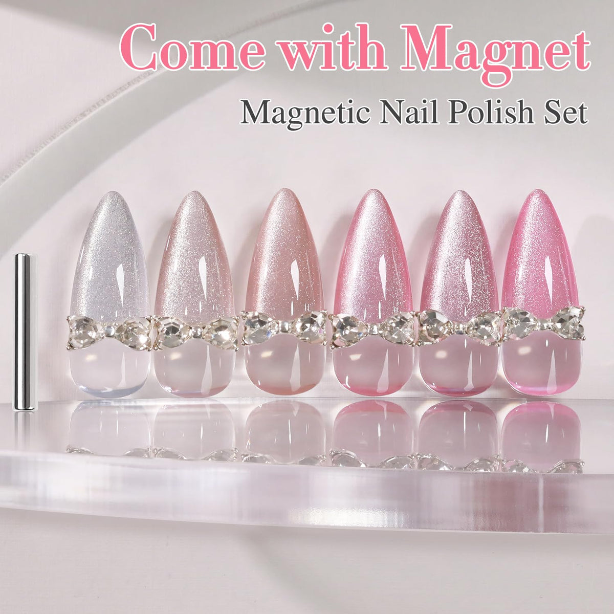 Double Rhythm Cat Eye Gel Nail Polish Set of 6 Same Color Same Bottle 0.5 Oz Shimmer Glitter with Magnet Holographic Magnetic UV Nail Polish Kit (Blush Fuchsia Magenta Purple Violet Lavender -T6-107)