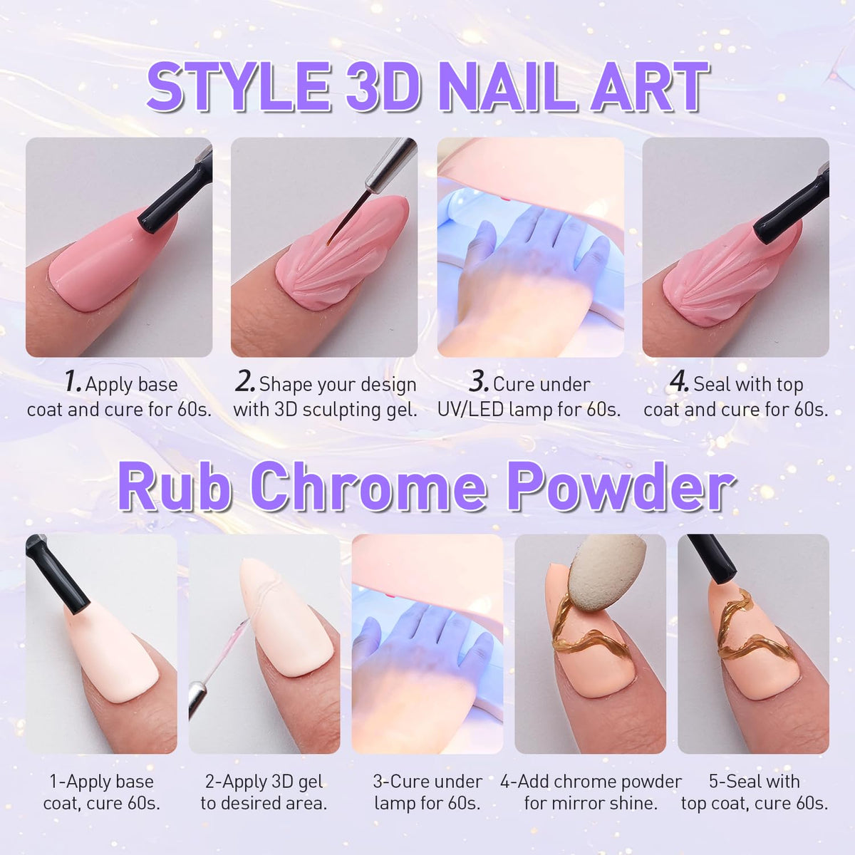 3D Sculpting Gel Kit – 2×20g Nail Art Gels with Dual Pens, Gold & Silver Chrome Powders, Brushes & Rhinestone Tray for DIY Nail Design at Home or Salon