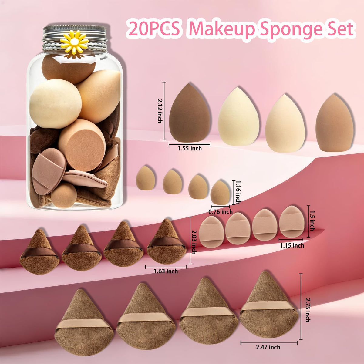 20PCS Makeup Sponge Set With Storage Jar, Wet & Dry Dual Use Beauty Blenders, Triangle Powder Puffs & Mini Finger Puffs,Soft Latex Free Sponges for Liquid, Cream, Powder And Concealer（Blue）