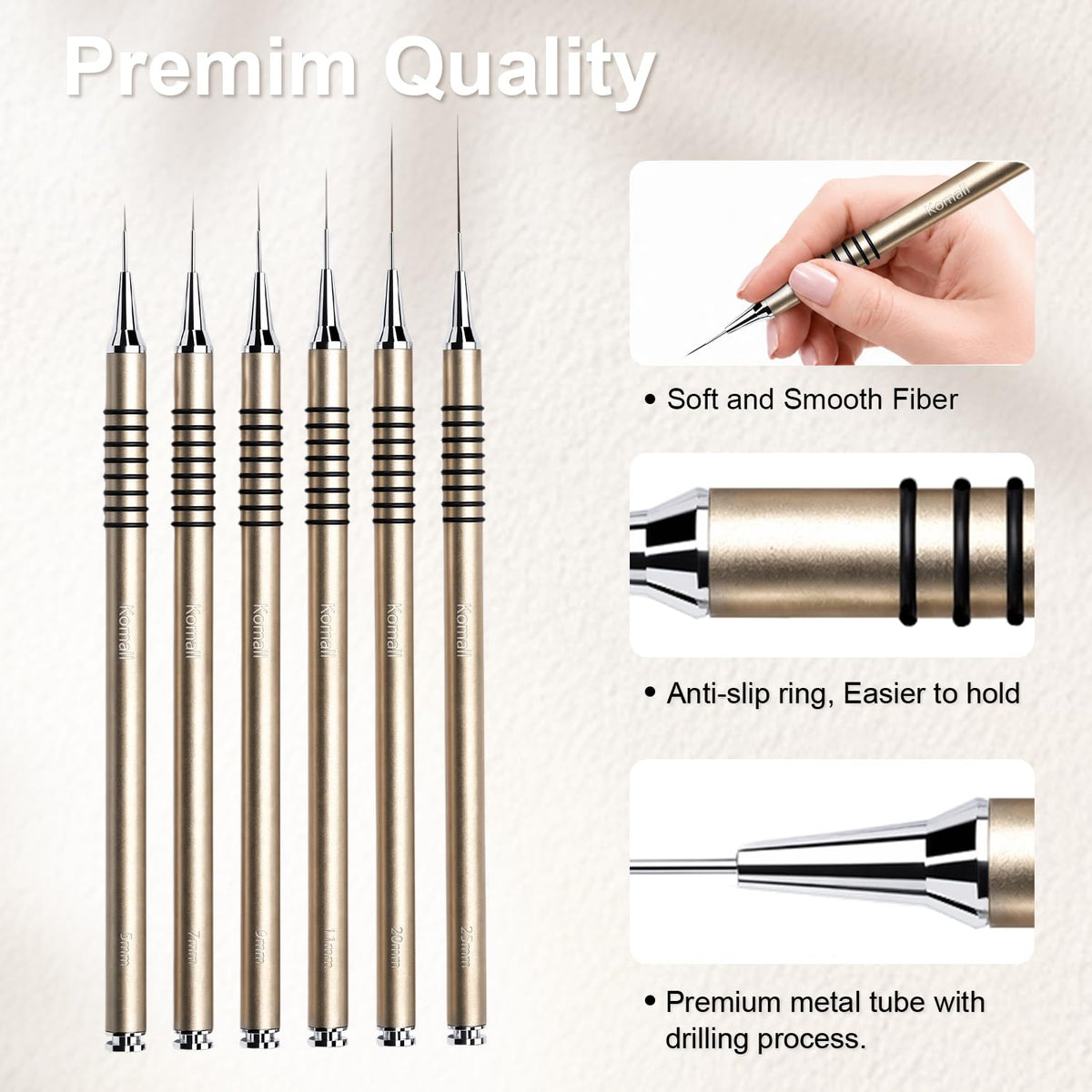 Komall Metallic Nail Art Brushes, 6Pcs Non-slip Liner Brushes Set, Silver
